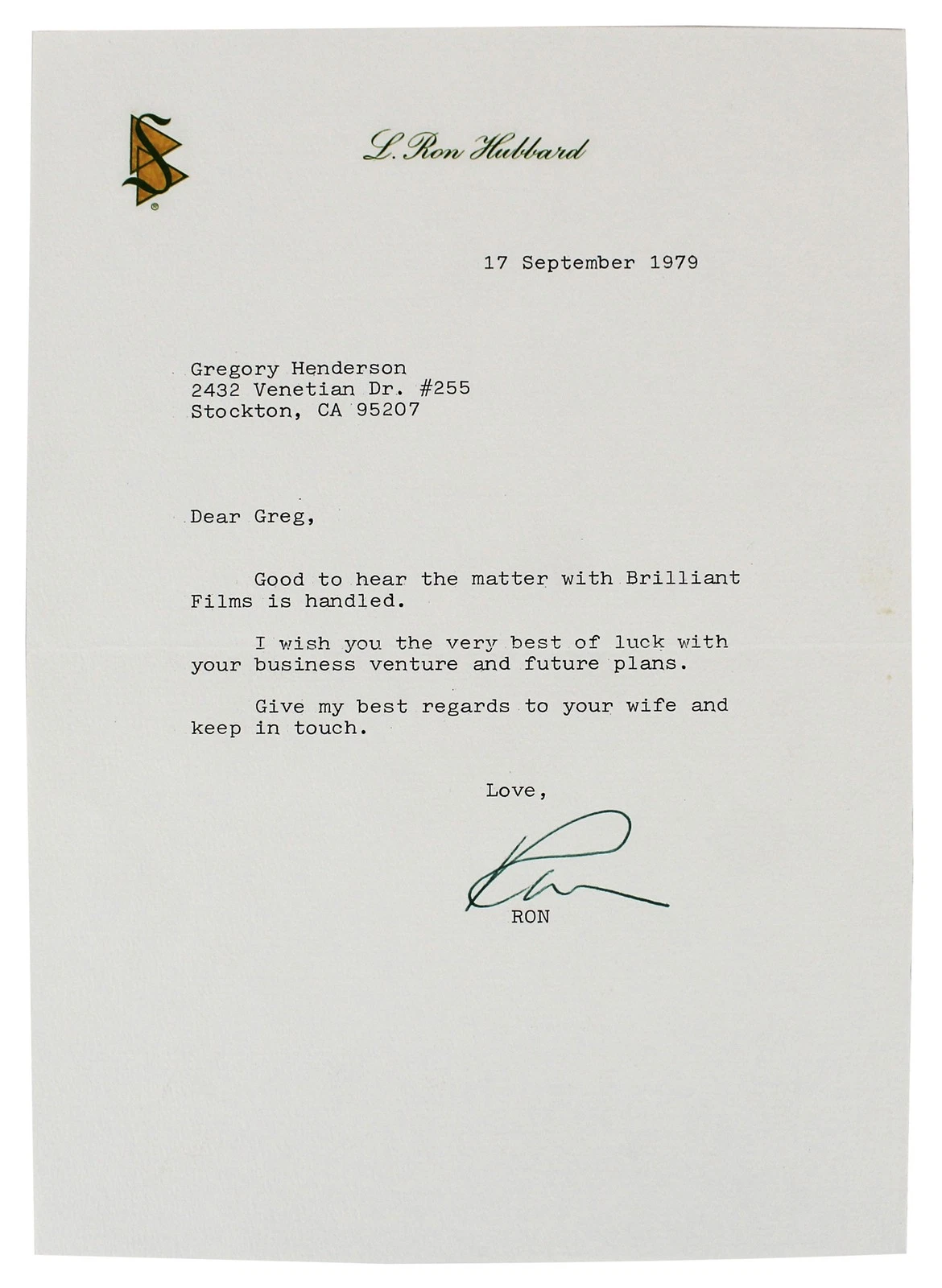 L. Ron Hubbard Scientology Signed 7x10 1979 Letter on Personal Letterhead BAS