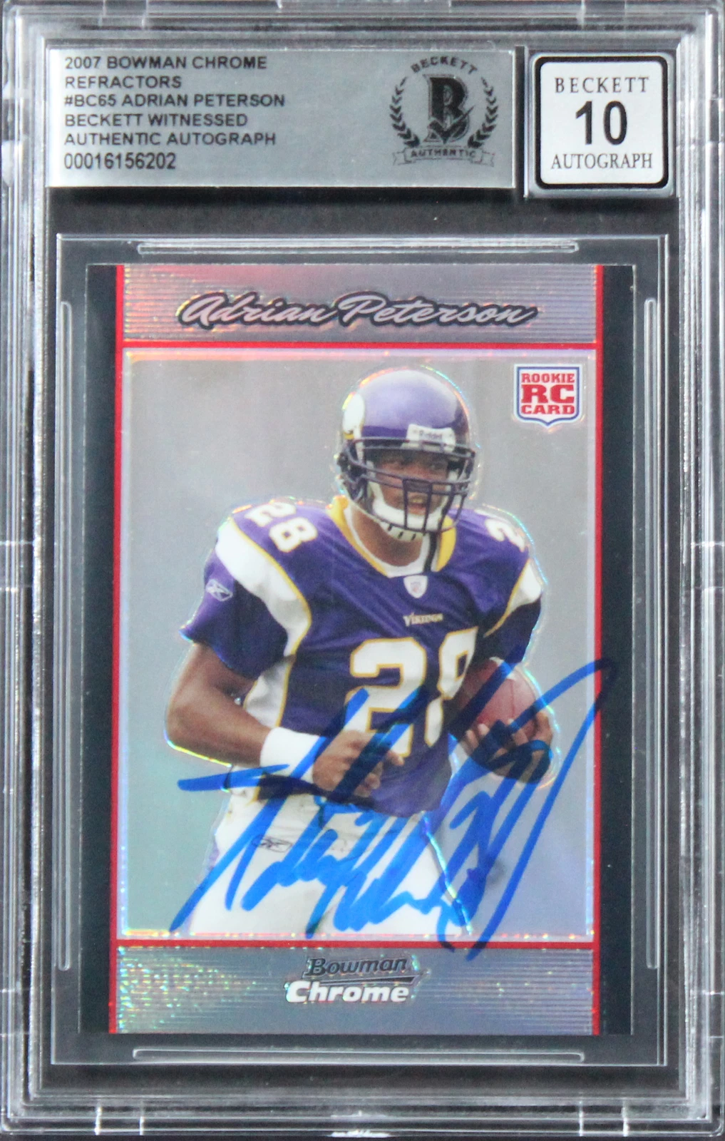 VIKINGS ADRIAN PETERSON SIGNED 2007 BOWMAN CHROME #BC65 RC AUTO 10! BAS SLABBED COLLECTIBLE MEMORABILIA