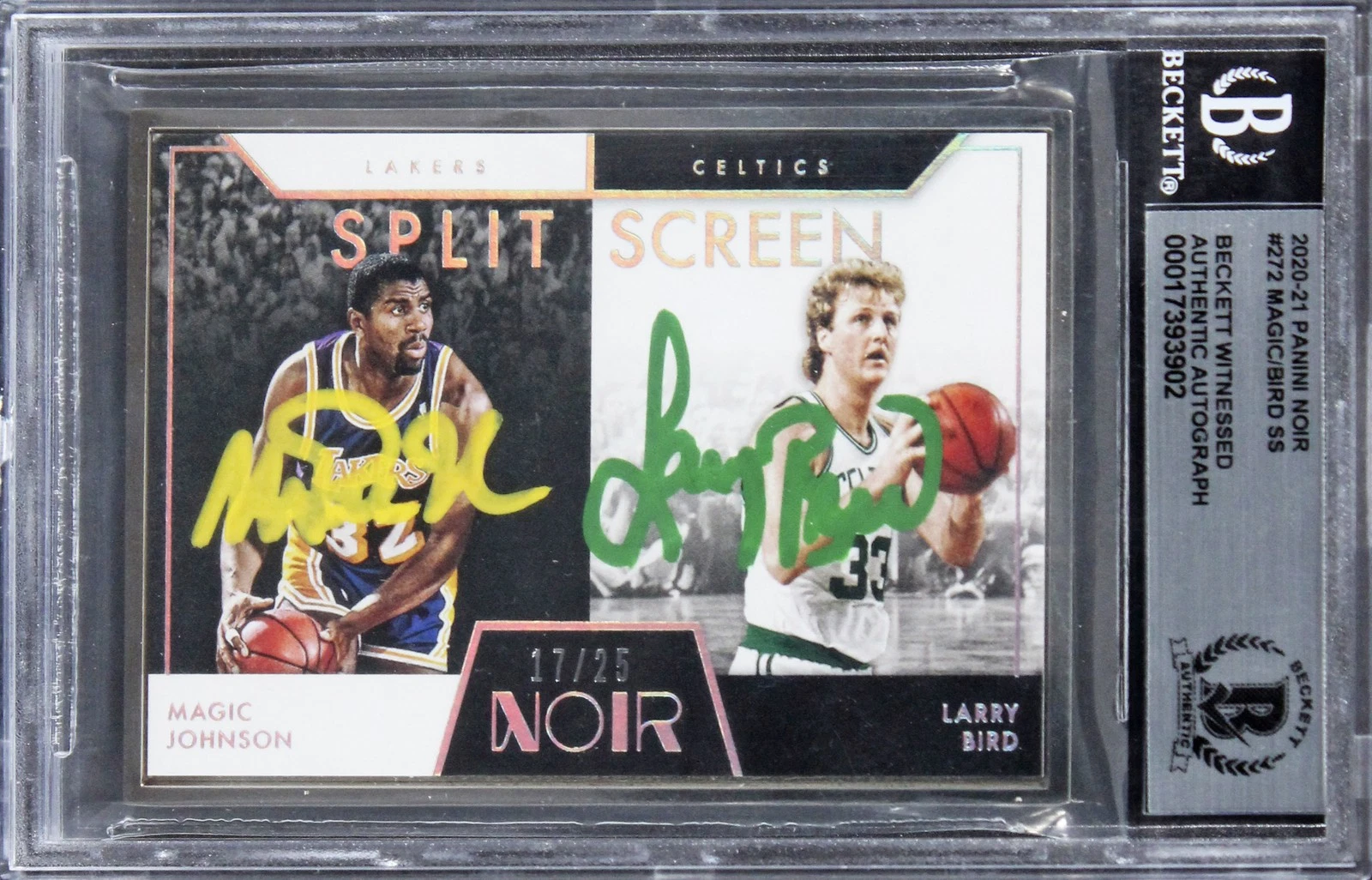 Larry Bird & Magic Johnson Signed 2020 Panini Noir SS #272 #17/25 Card BAS Slab