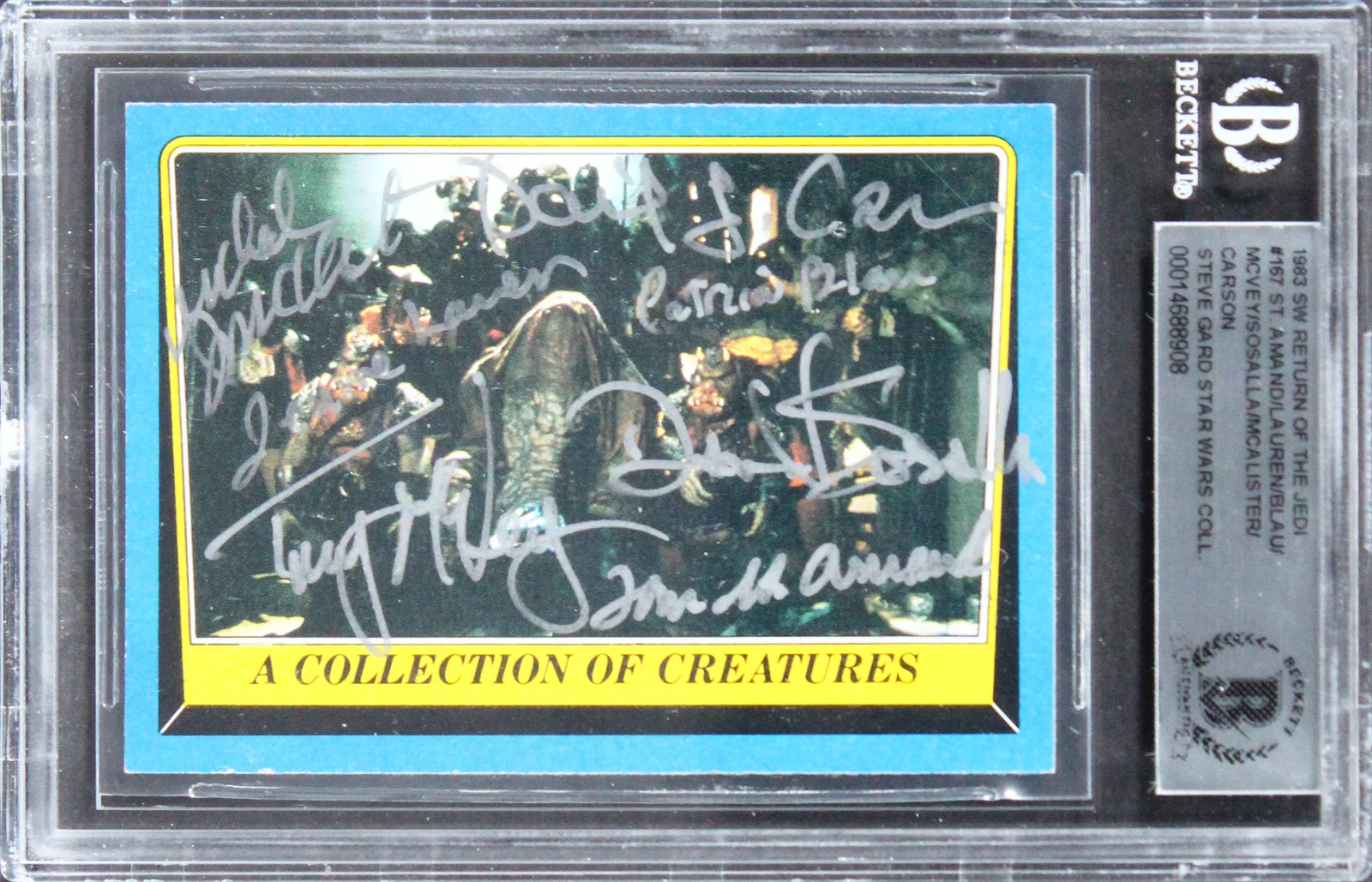 (7) ST. AMAND, LAUREN, MCVEY +4 SIGNED 1983 STAR WARS ROTJ #167 CARD BAS SLABBED COLLECTIBLE MEMORABILIA