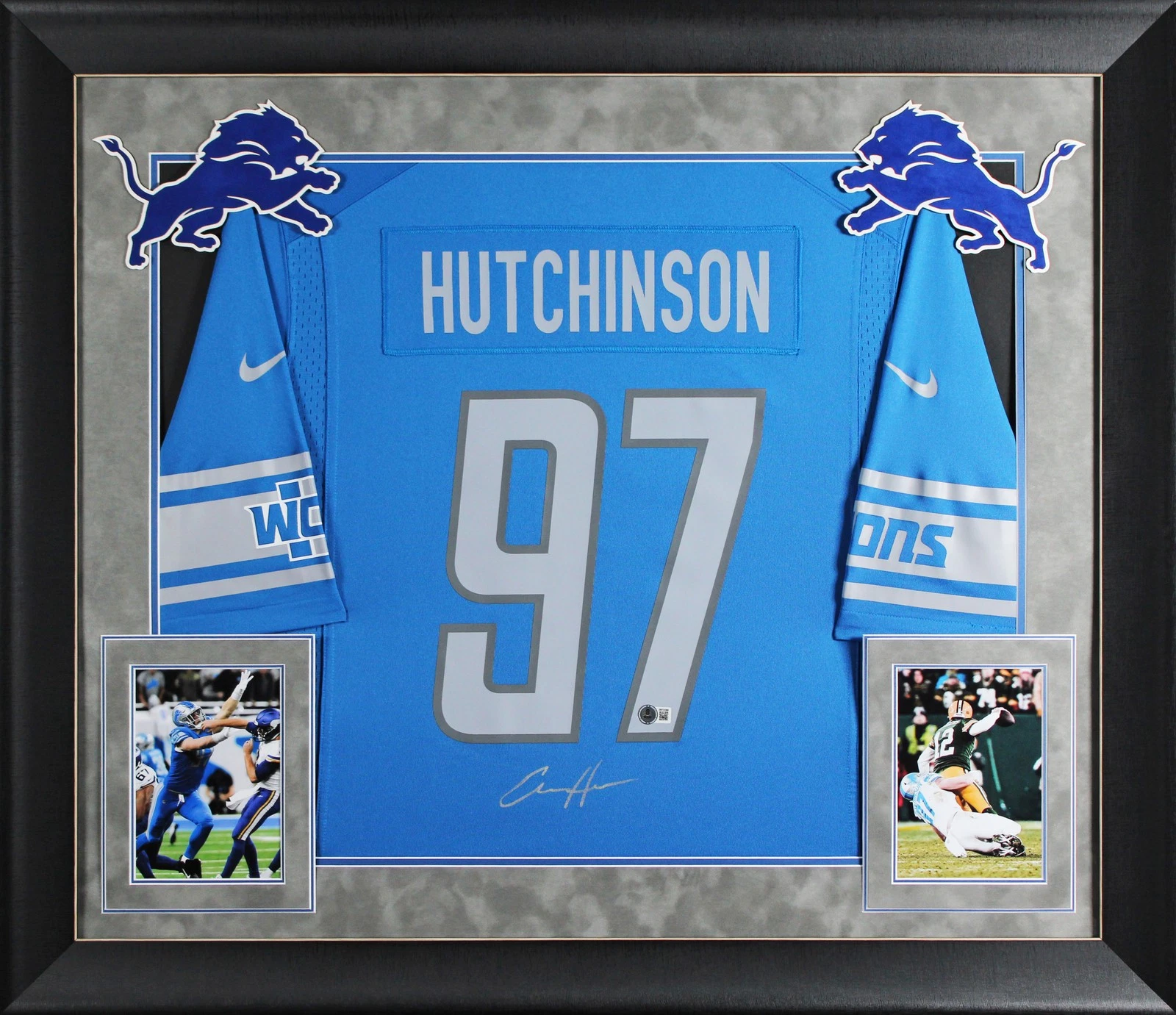 Lions Aidan Hutchinson Signed Blue Nike Game Framed Jersey w/ Silver Sig BAS Wit