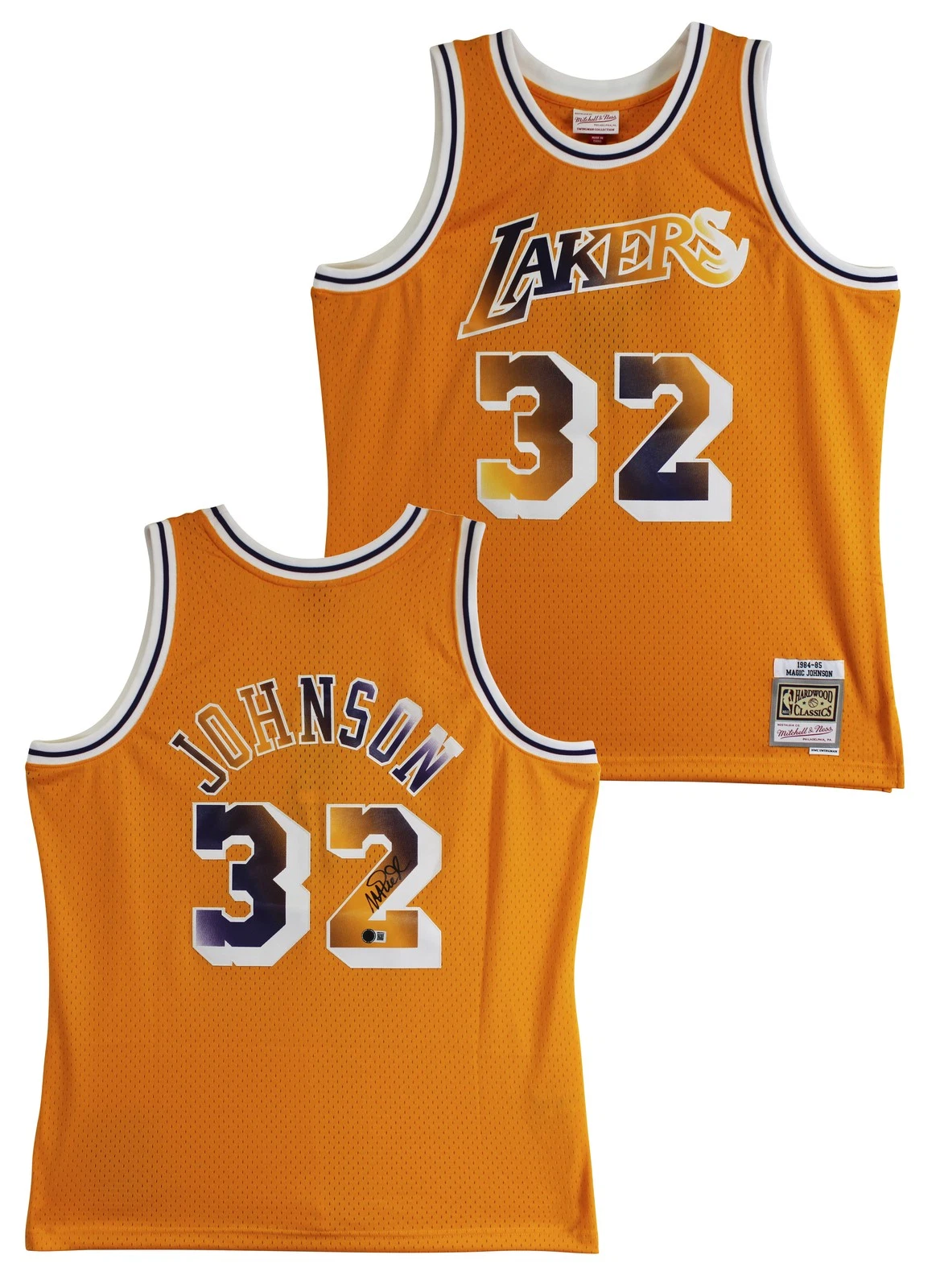 Lakers Magic Johnson Signed Yellow M&N HWC Swingman w/ Two-Tone #'s Jersey BAS W