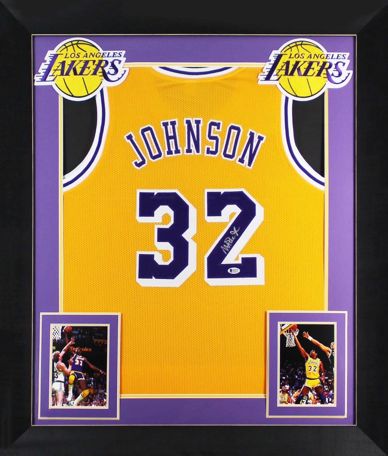 Magic Johnson Authentic Signed & Framed Yellow Pro Style Jersey BAS Witnessed
