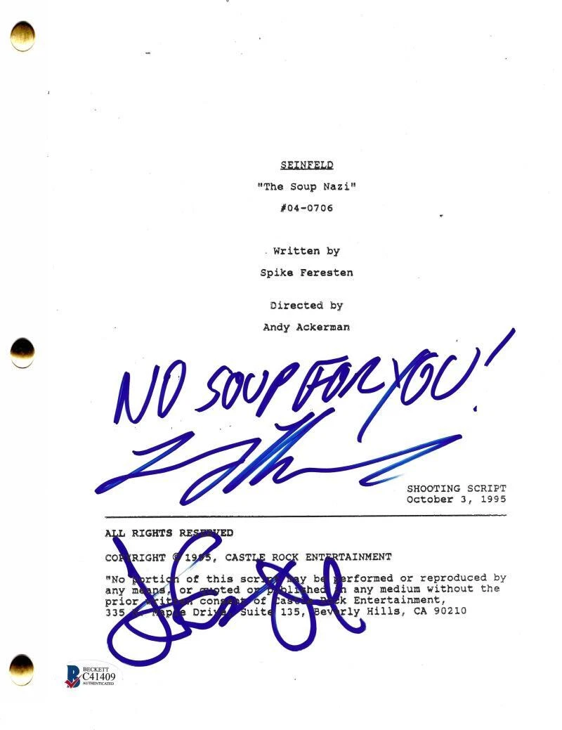 JERRY SEINFELD LARRY THOMAS SIGNED SOUP NAZI SEINFELD FULL SCRIPT AUTO BECKETT