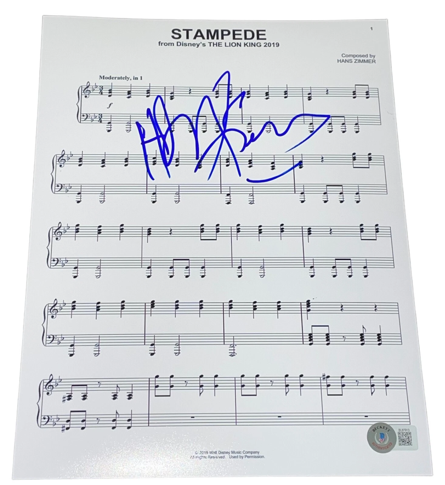 Hans Zimmer Signed Autograph Stampede The Lion King 2019 Sheet Music BAS COA X3