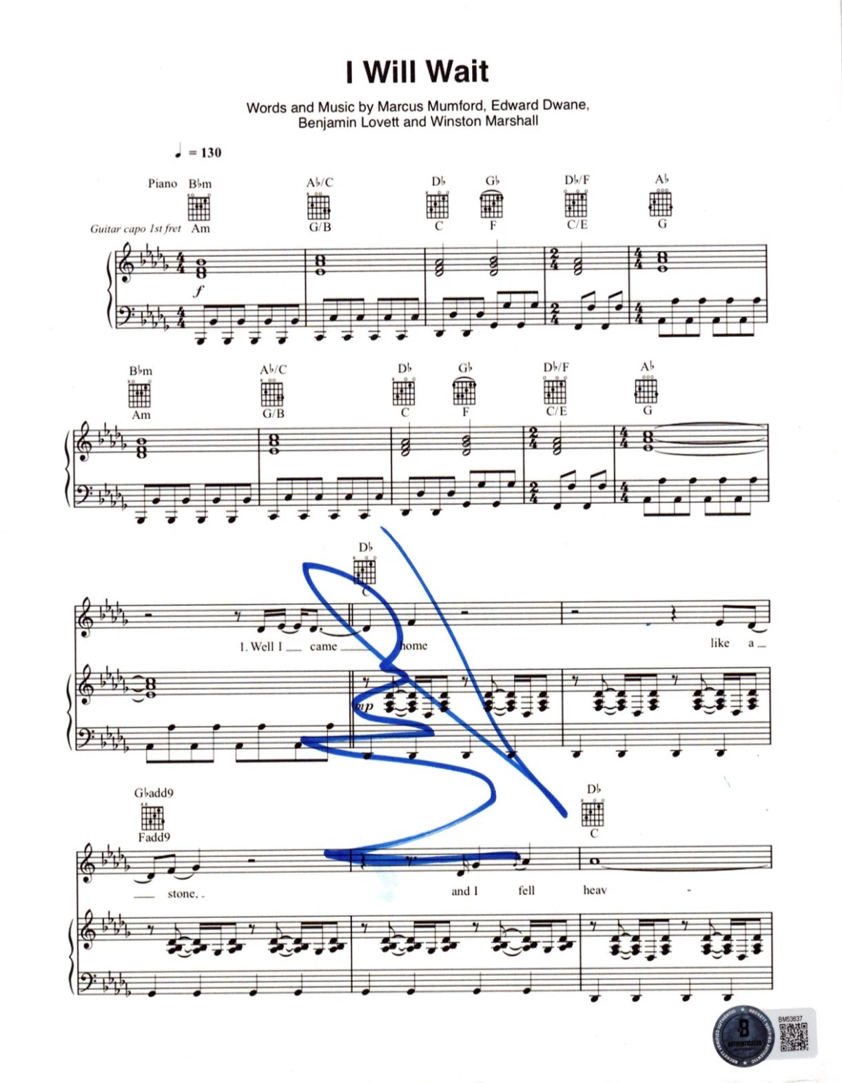 Marcus Mumford Signed I Will Wait Sheet Music Mumford & Sons Autograph Beckett