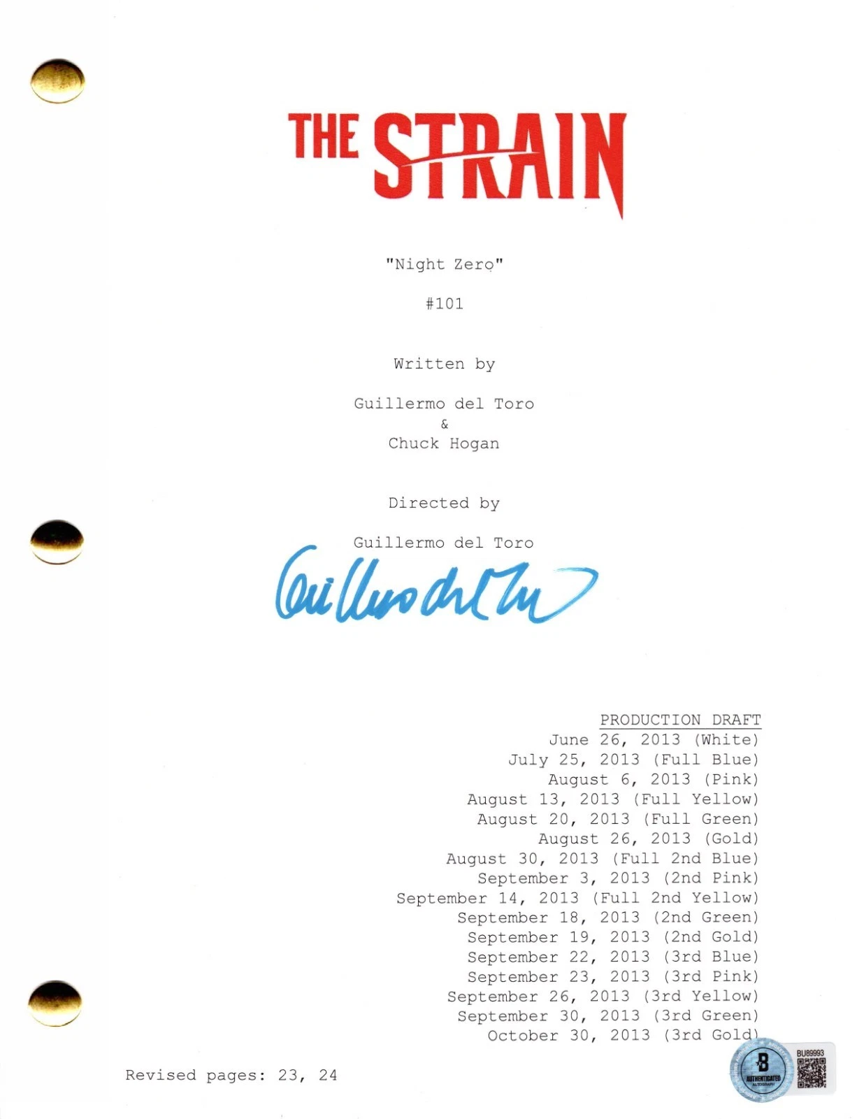 Guillermo del Toro Signed The Strain Pilot Script Authentic Autograph Beckett