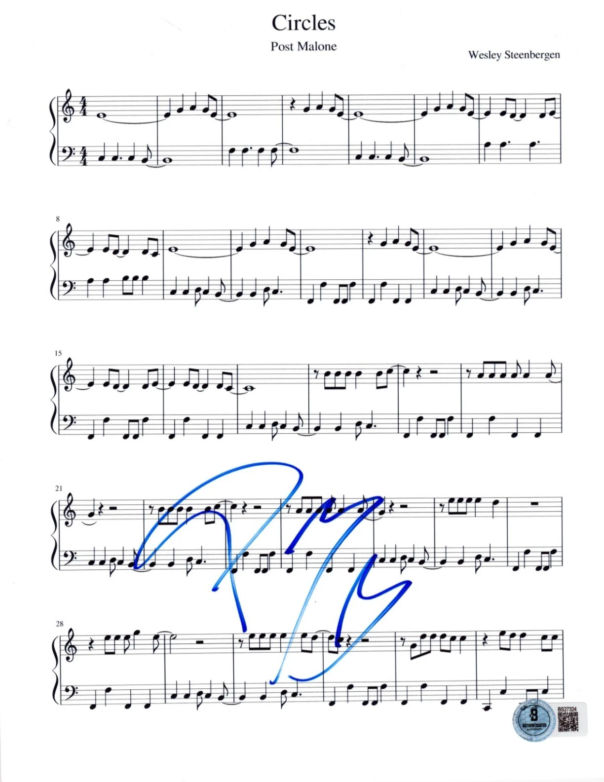 Post Malone Signed Circles Sheet Music Authentic Autograph Beckett