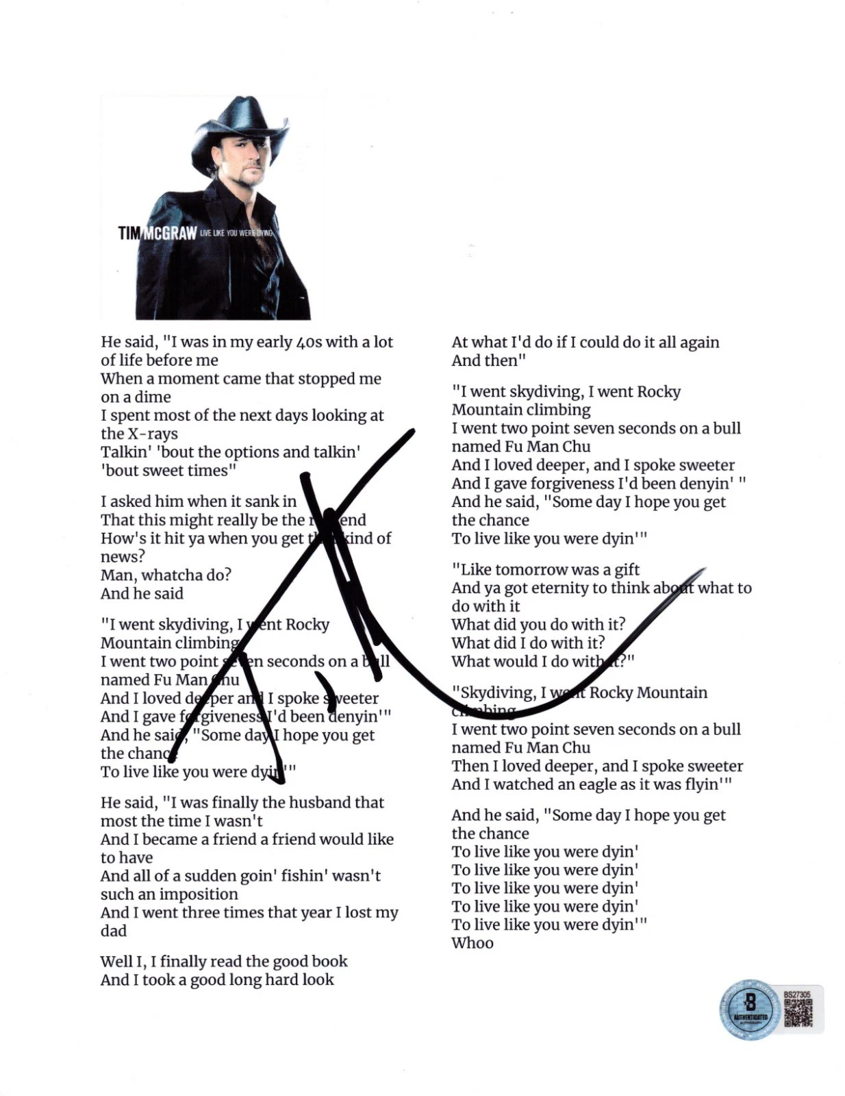 Tim McGraw Signed Live Like You Were Dying Lyric Sheet Autograph Beckett