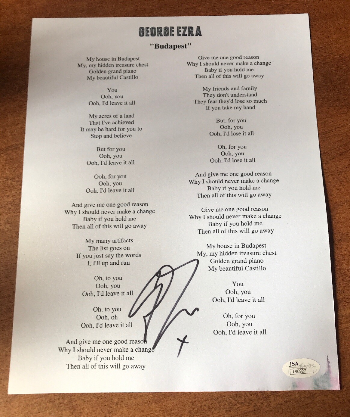 GEORGE EZRA SIGNED AUTOGRAPH BUDAPEST LYRIC SHEET JSA COA WANTED ON VOYAGE