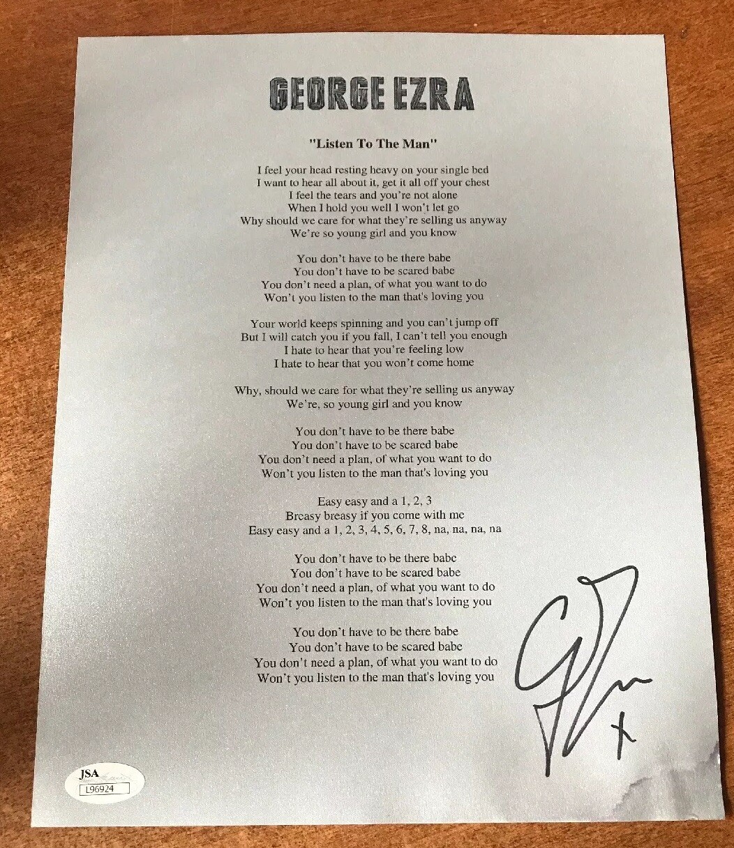 GEORGE EZRA SIGNED AUTOGRAPH LISTEN TO THE MAN LYRIC SHEET JSA COA