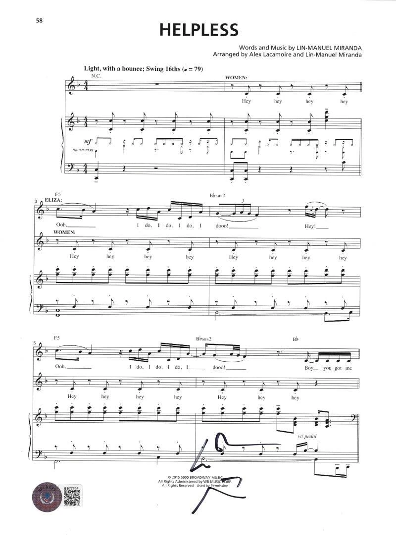 LIN MANUEL MIRANDA SIGNED HAMILTON HELPLESS SHEET MUSIC AUTOGRAPH BECKETT