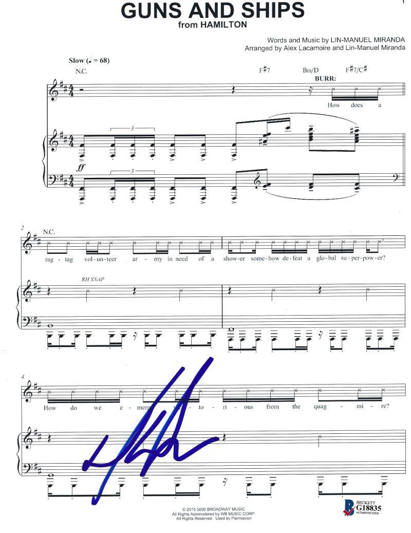 DAVEED DIGGS SIGNED HAMILTON GUNS AND SHIPS SHEET MUSIC AUTOGRAPH BECKETT COA