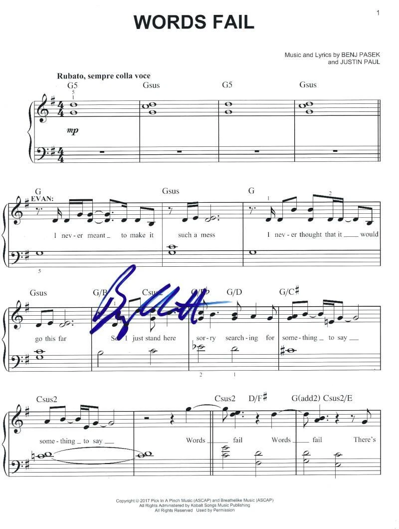 BEN PLATT SIGNED DEAR EVAN HANSEN WORDS FAIL SHEET MUSIC AUTHENTIC AUTOGRAPH