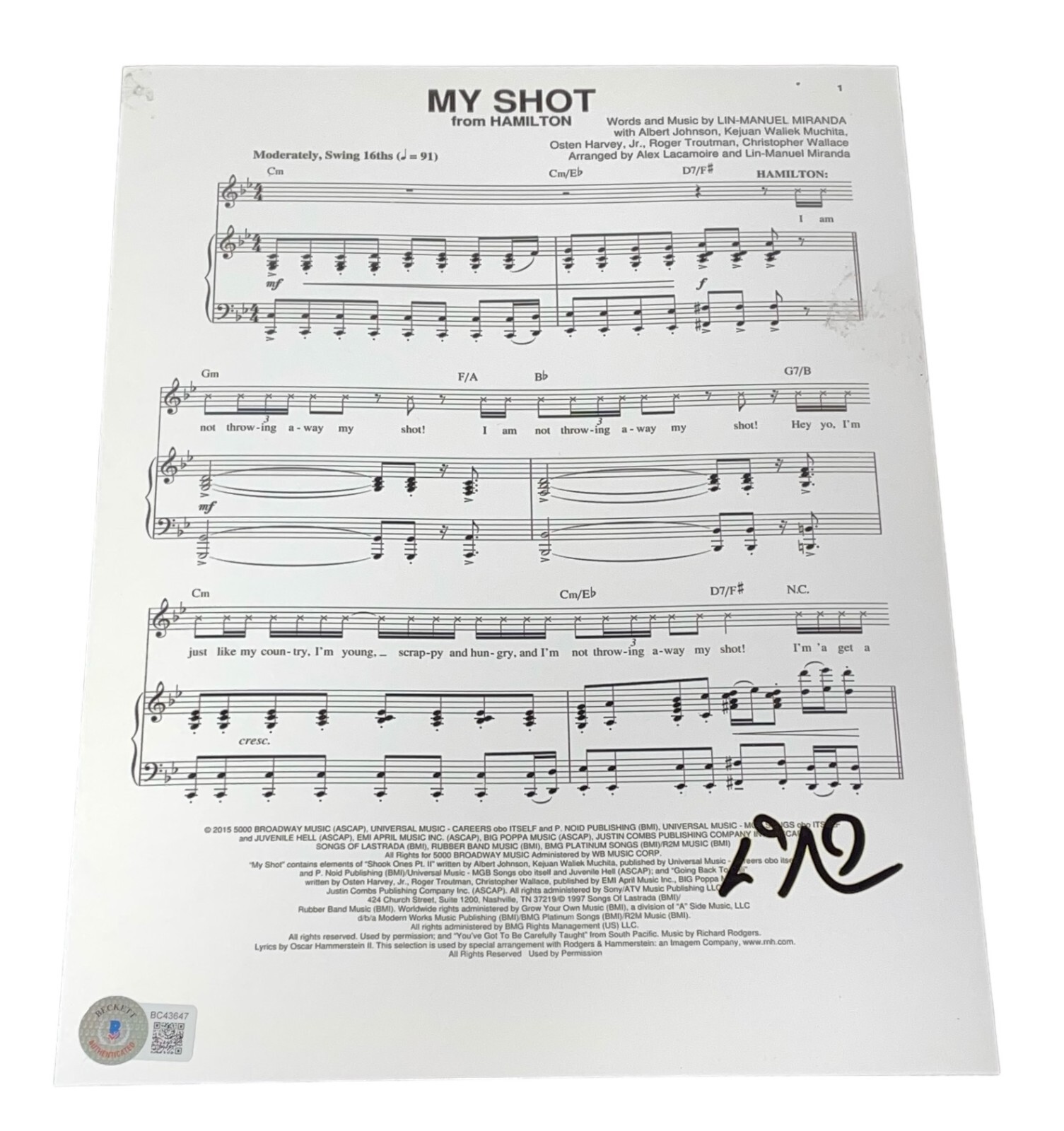 Lin Manuel Miranda Signed Autograph Hamilton My Shot Music Lyric Sheet BAS NYC