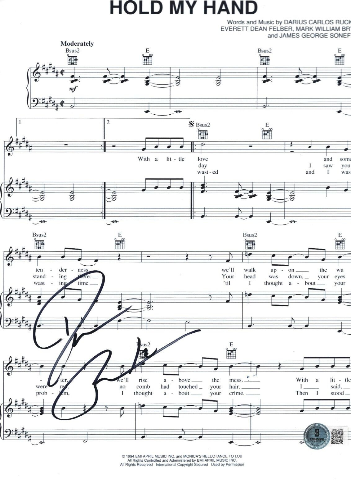 Darius Rucker Signed Hold My Hand Sheet Music Hootie & The Blowfish Auto Beckett