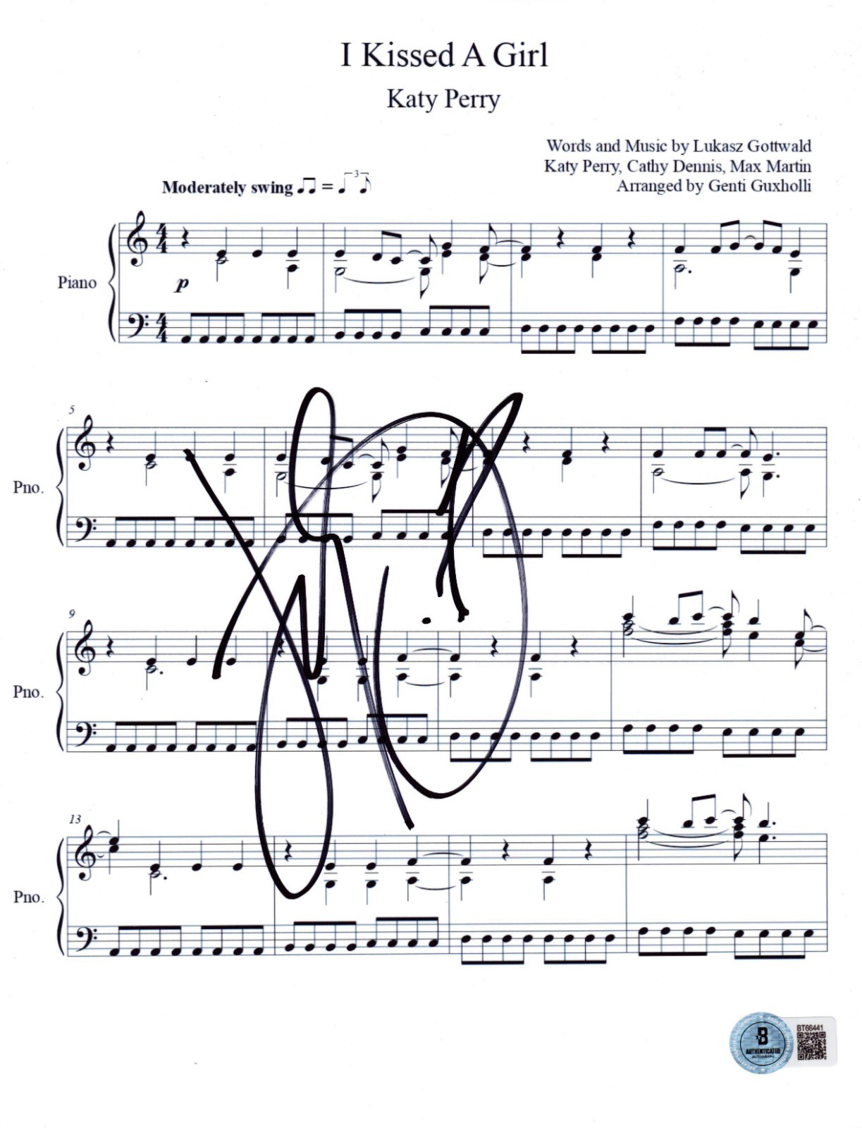 Katy Perry Signed I Kissed A  Girl Sheet Music Authentic Autograph Beckett