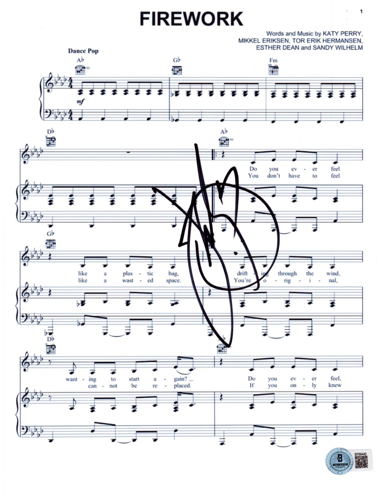 Katy Perry Signed I Kissed A  Girl Sheet Music Authentic Autograph Beckett