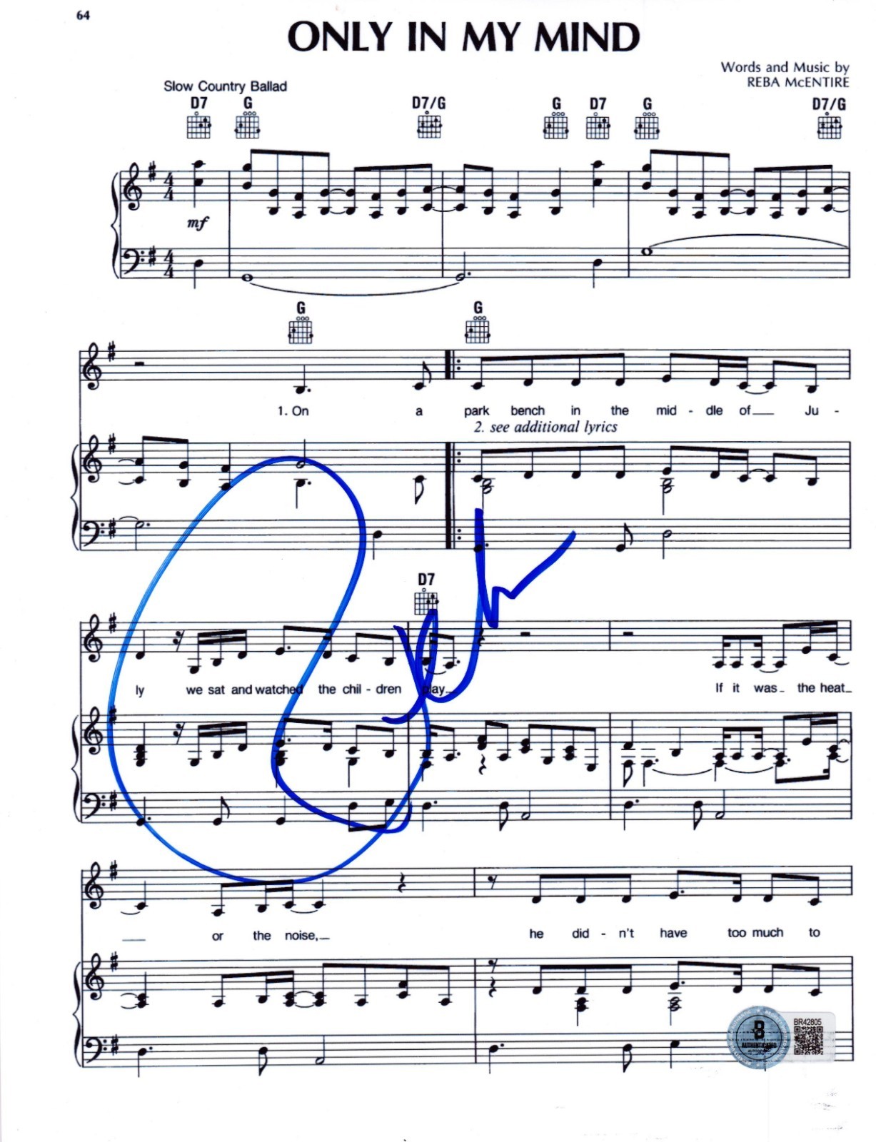 Reba McEntire Signed Only In My Mind Sheet Music Authentic Autograph Beckett