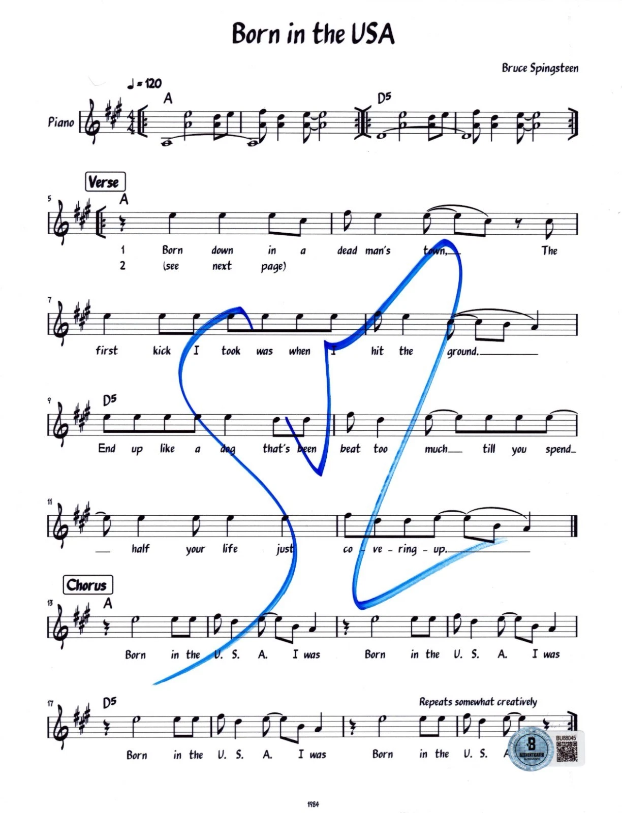 Stevie Van Zandt Signed Born in the USA Sheet Music E-Street Autograph Beckett