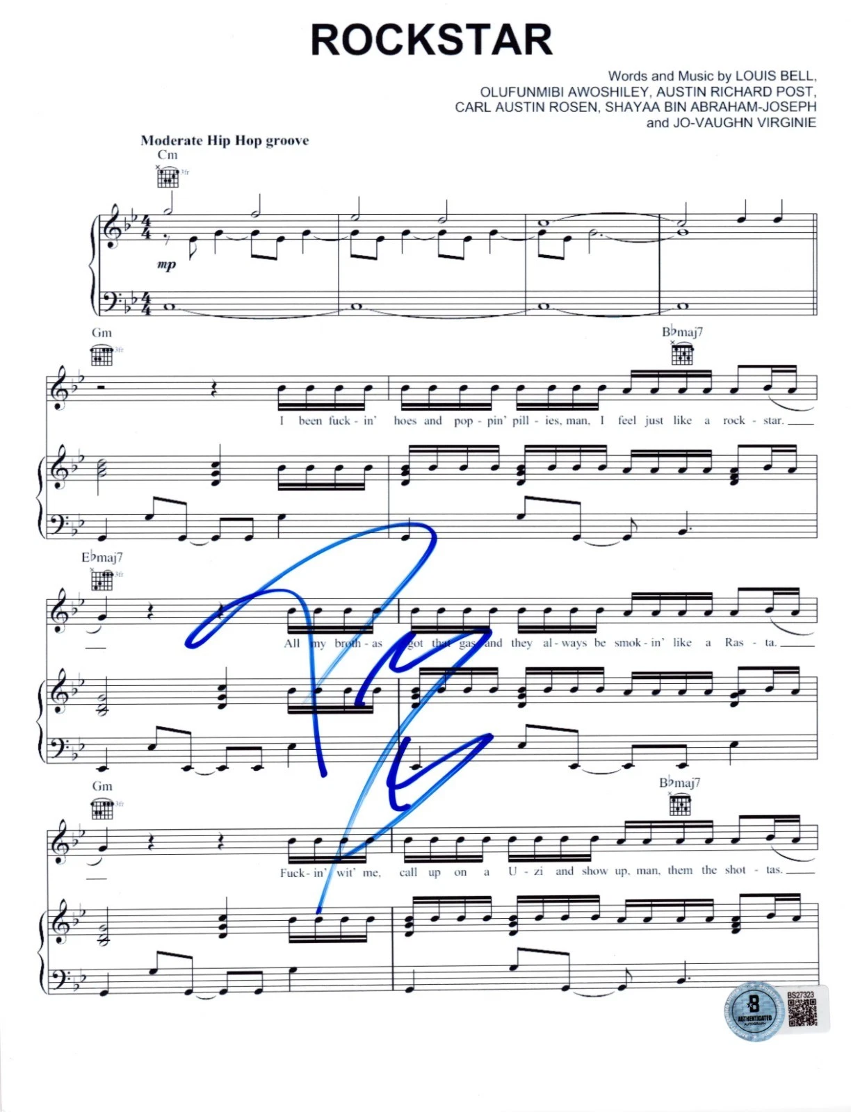 Post Malone Signed Rockstar Sheet Music Authentic Autograph Beckett
