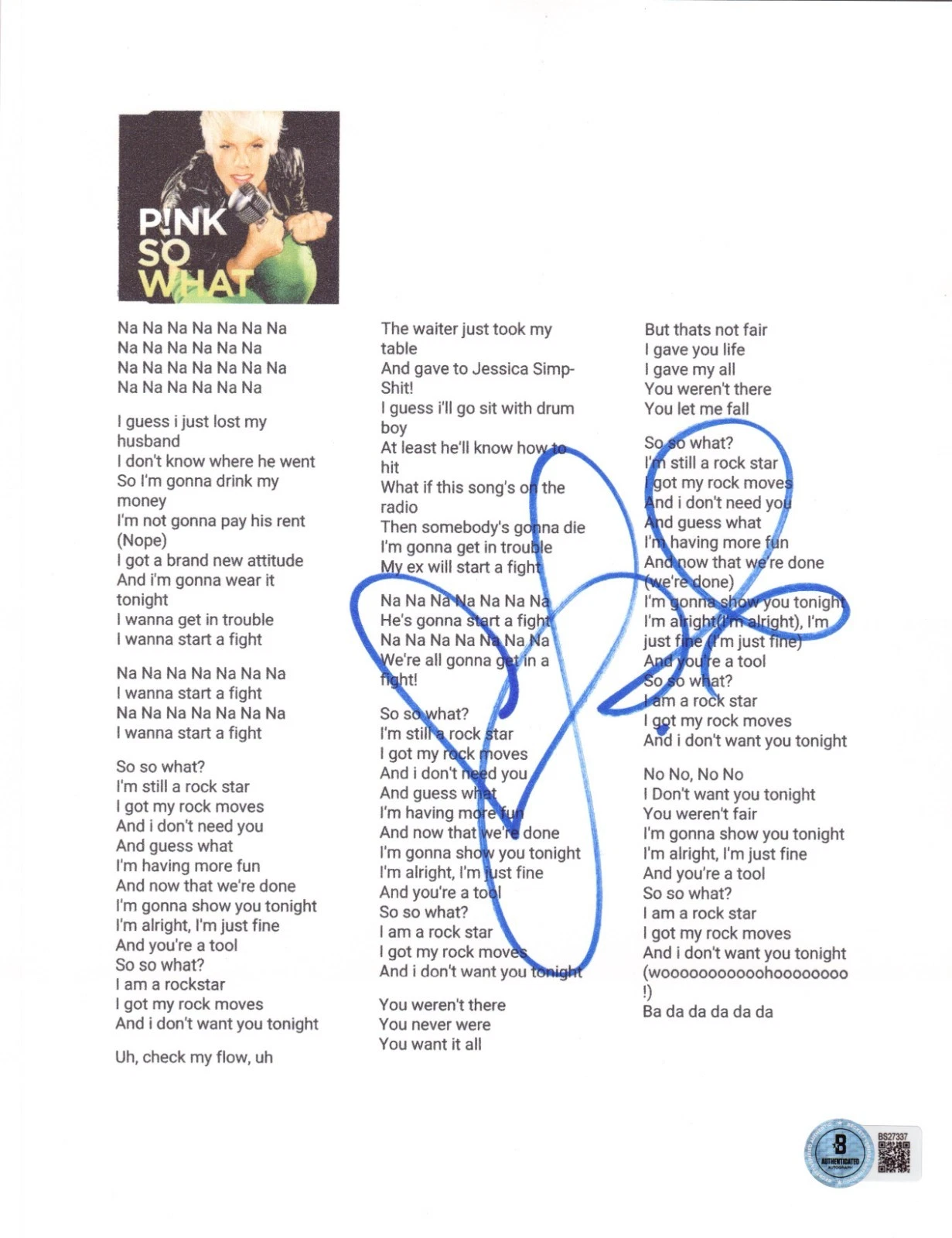 Pink Signed So What Sheet Music Authentic Autograph Rockstar Legend Beckett