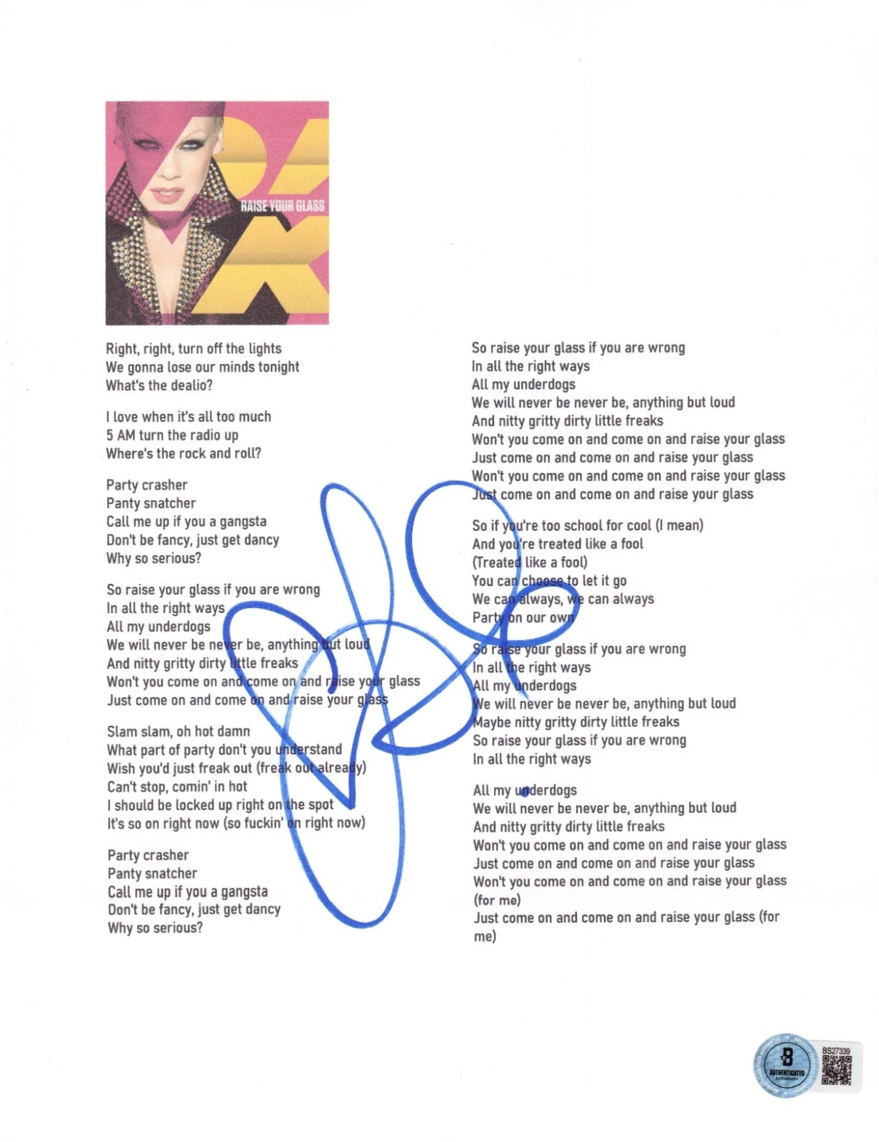 Pink Signed Raise Your Glass Sheet Music Authentic Autograph Rockstar Beckett