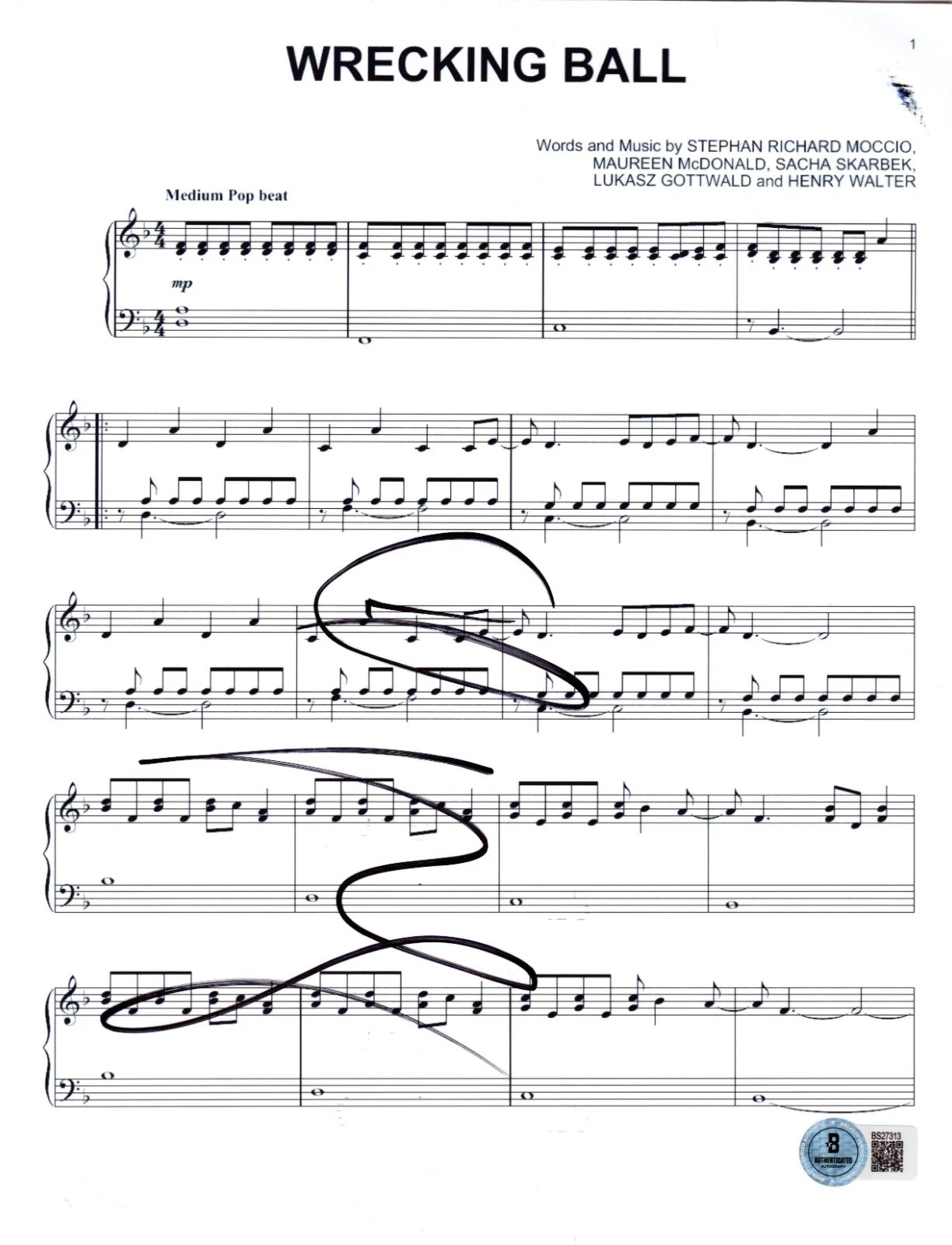 Miley Cyrus Signed Wrecking Ball Sheet Music Authentic Autograph Beckett