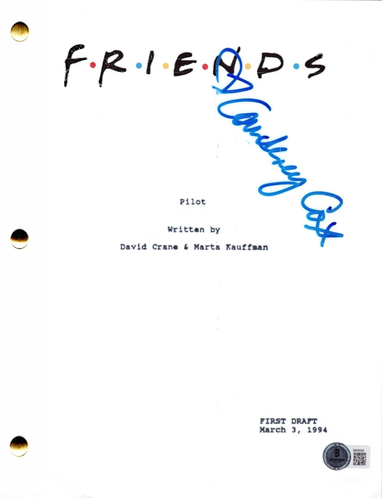 Courteney Cox Signed Friends Pilot Script Authentic Autograph Beckett