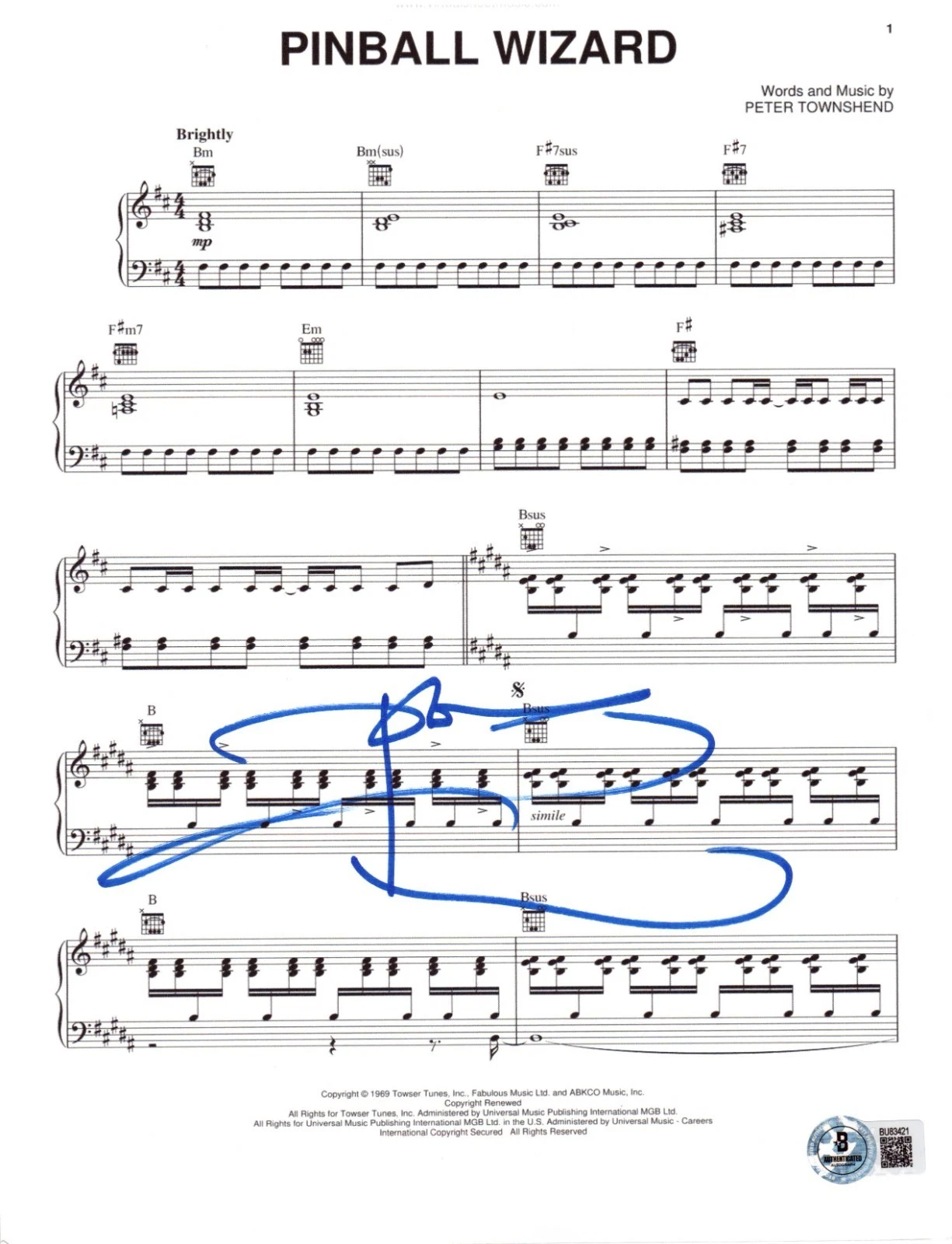 Pete Townshend Signed Pinball Wizard Sheet Music The Who Autograph Beckett