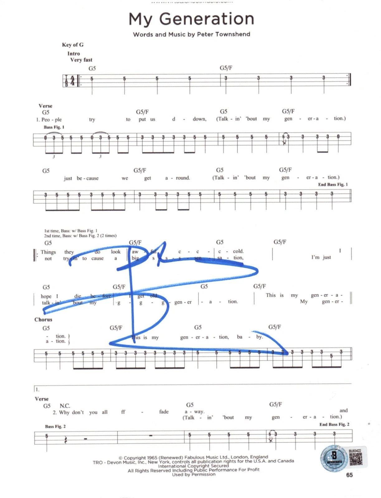 Pete Townshend Signed My Generation Sheet Music The Who Autograph Beckett