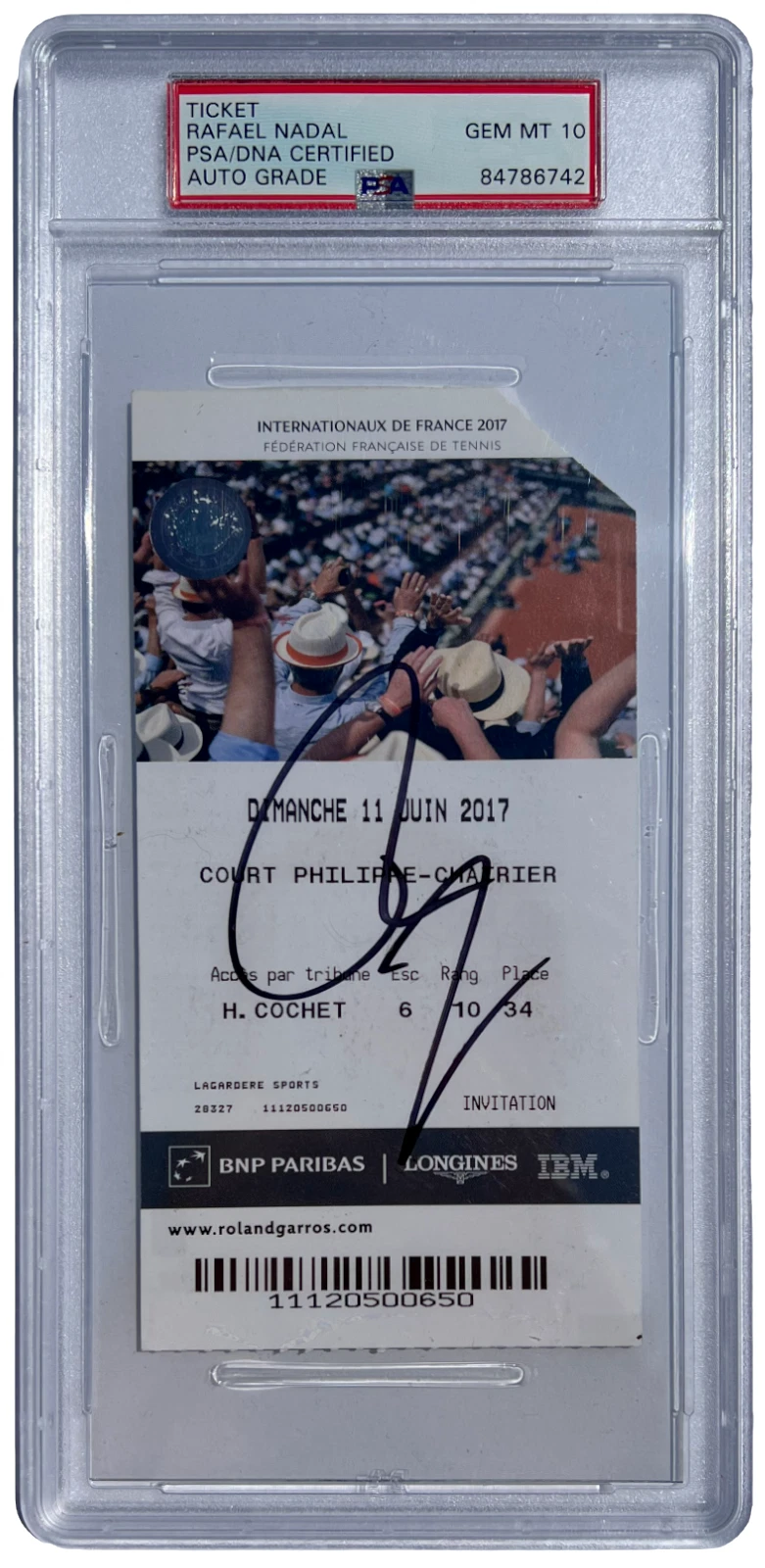 RAFAEL NADAL SIGNED 2017 FRENCH OPEN ROLAND GARROS TICKET FINALS RAFA PSA/DNA 10