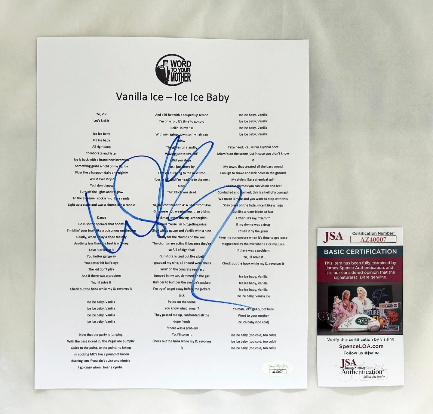 Vanilla Ice Signed Lyric Sheet Ice Ice Baby JSA 6 COA