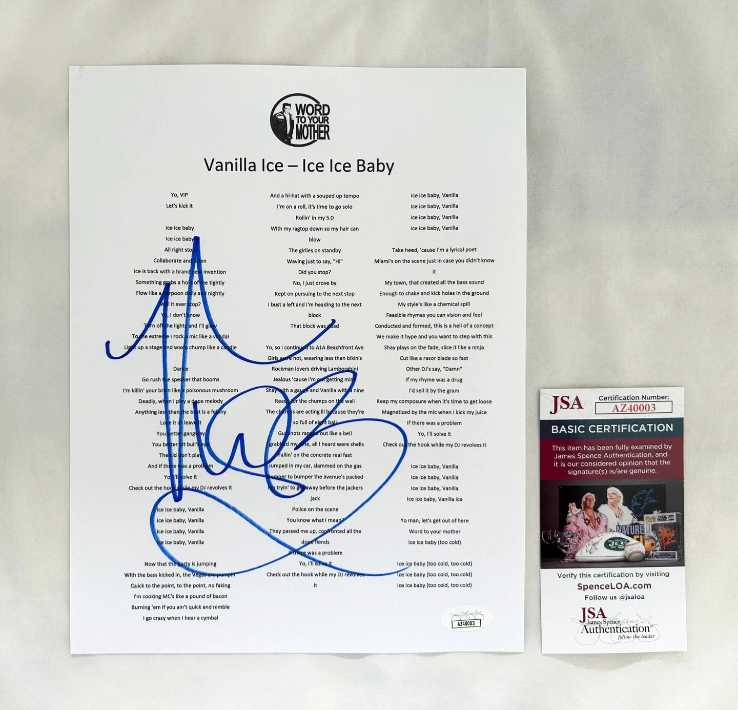Vanilla Ice Signed Lyric Sheet Ice Ice Baby JSA 2 COA