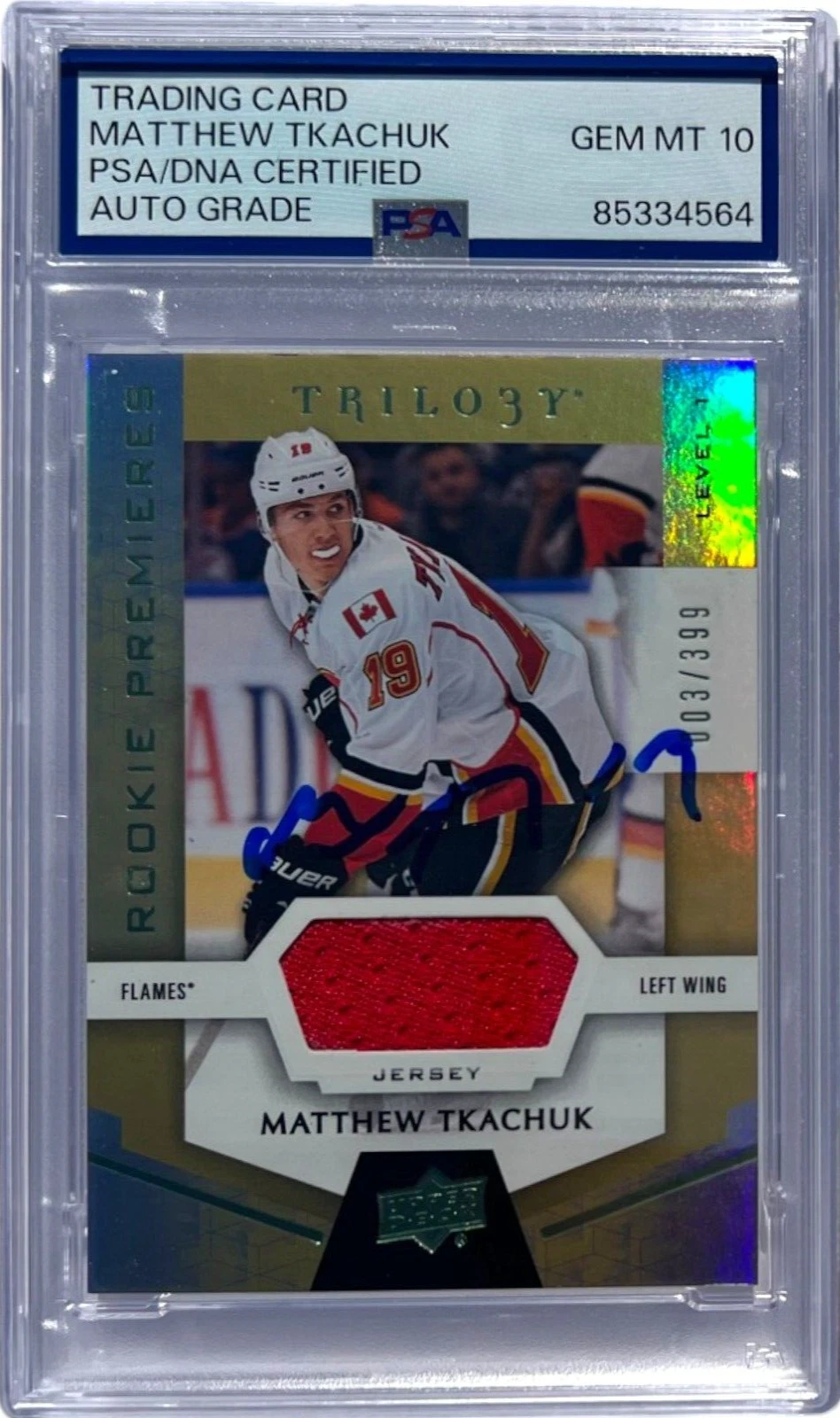 MATTHEW TKACHUK 2016-17 UPPER DECK TRILOGY PREMIERES PATCH CARD PSA/DNA AUTO 10