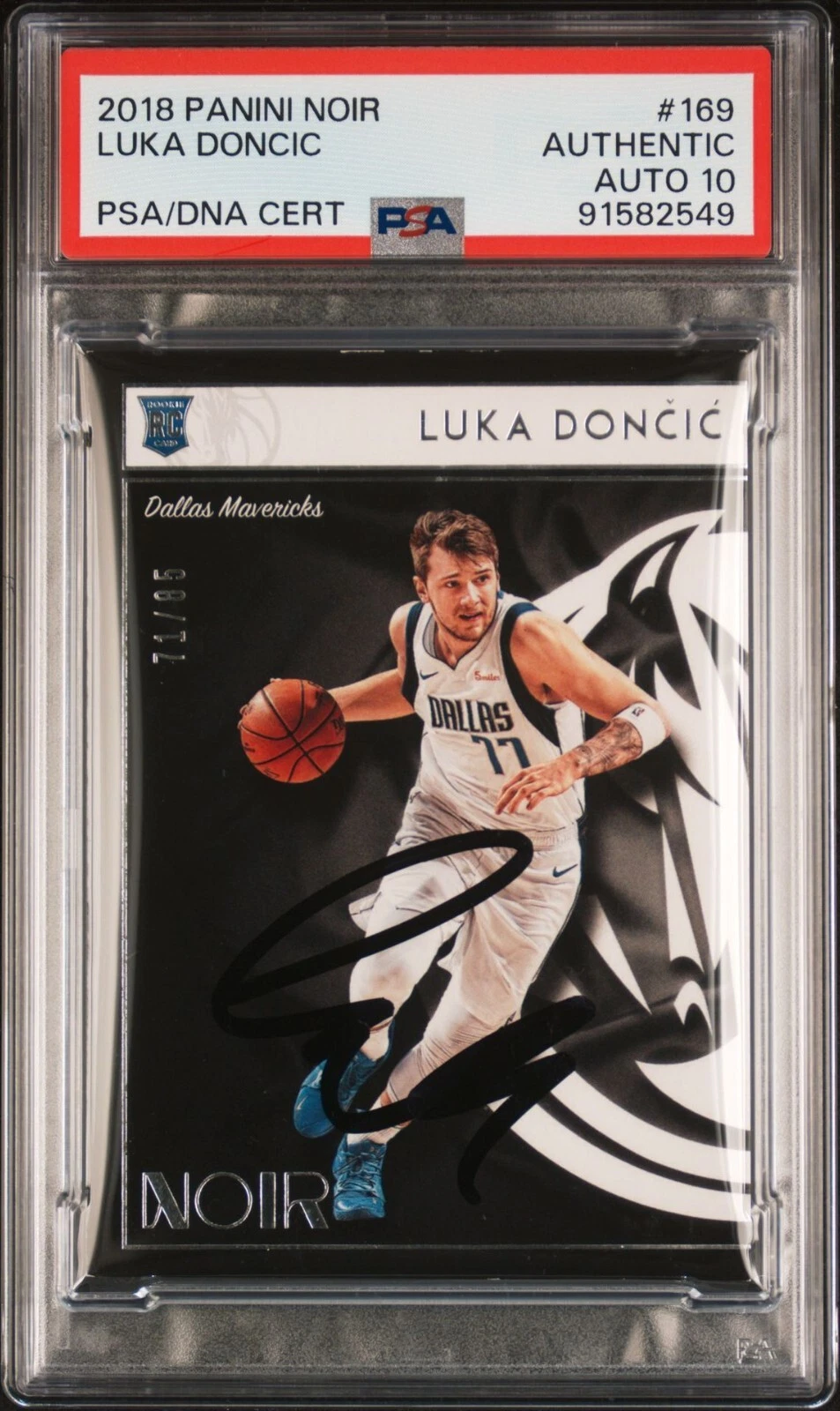 LUKA DONCIC SIGNED 2018-19 PANINI NOIR ROOKIE CARD MAVERICKS /85 PSA/DNA AUTO 10