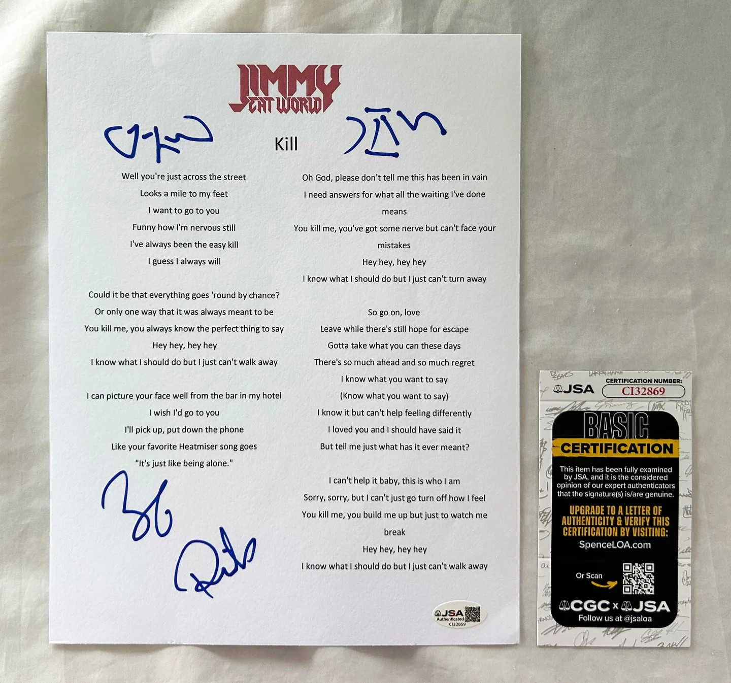Jimmy Eat World Signed Lyric Sheet Jim Adkins Lind Linton Burch JSA 2 COA