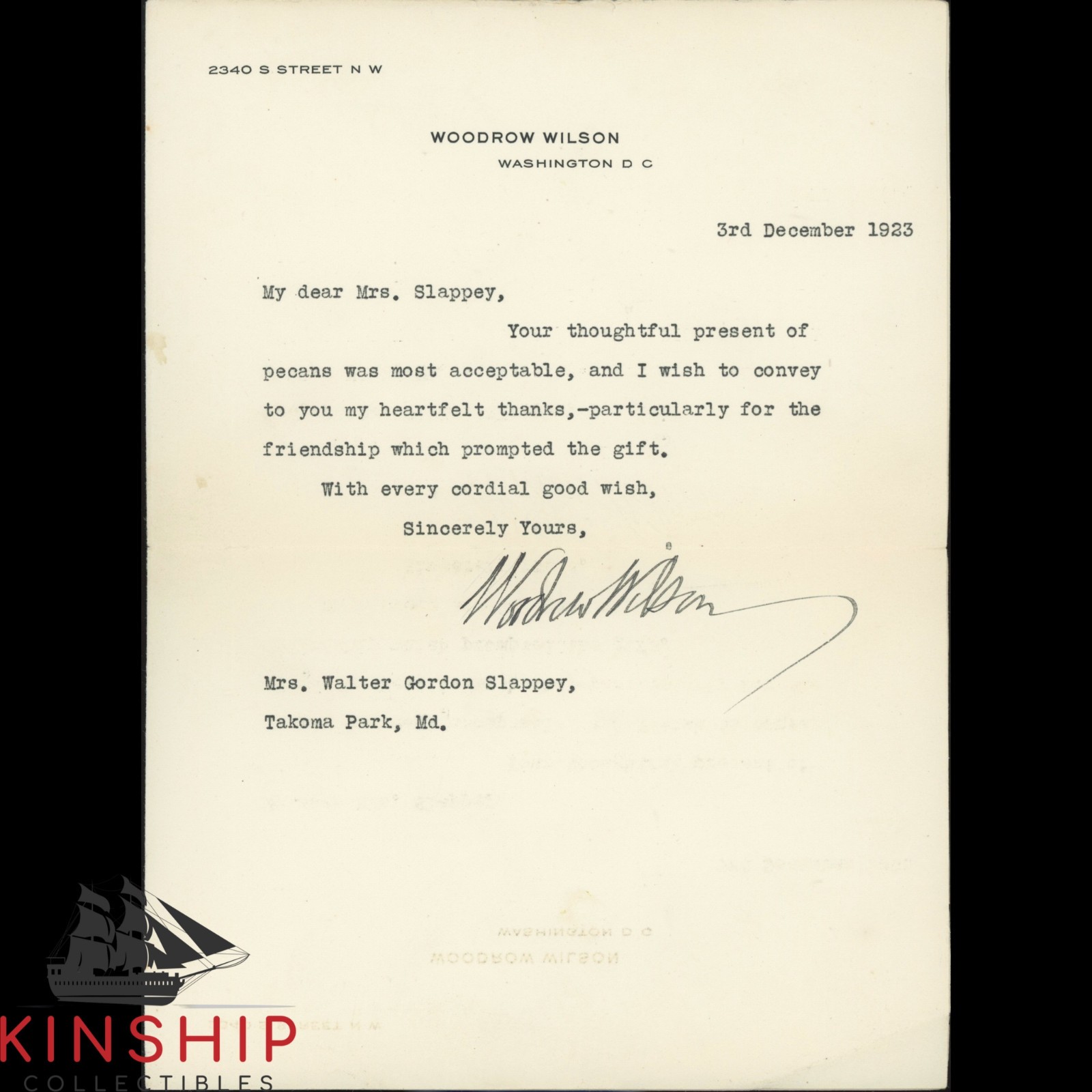 President Woodrow Wilson signed TLS Letter JSA LOA Rare Bold Auto Z2362