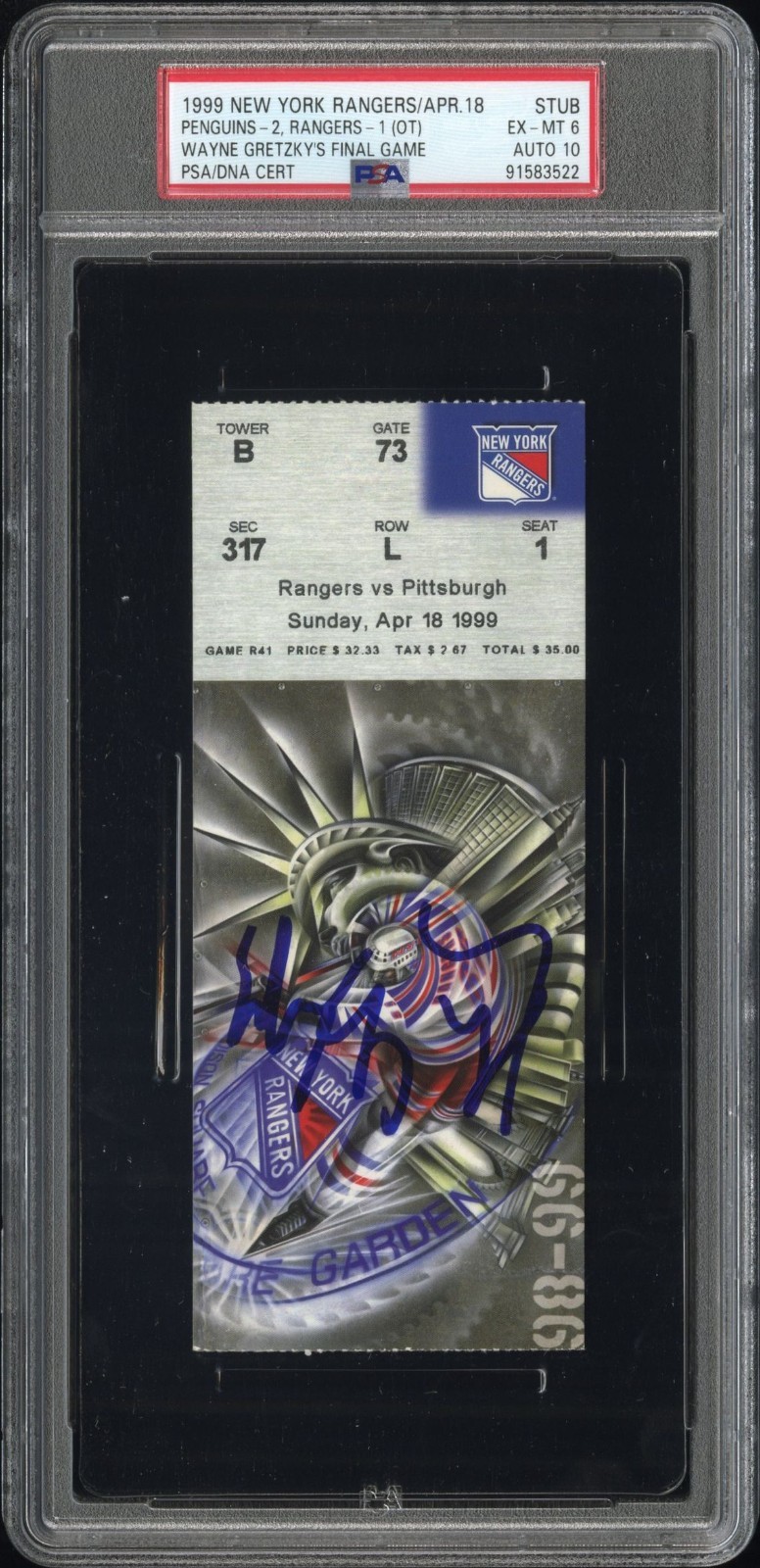 WAYNE GRETZKY SIGNED NEW YORK RANGERS FINAL GAME TICKET STUB PSA/DNA AUTO 10 COLLECTIBLE MEMORABILIA