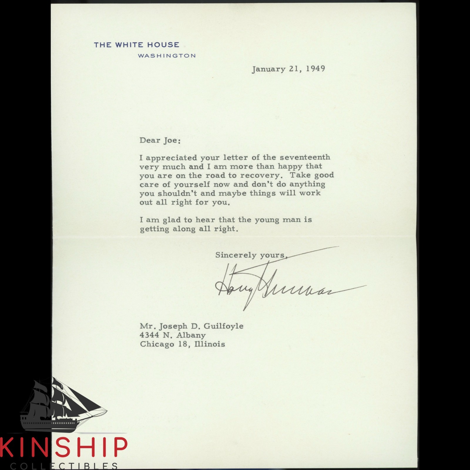 President Harry Truman signed White House Letter JSA LOA Rare Auto Z2363