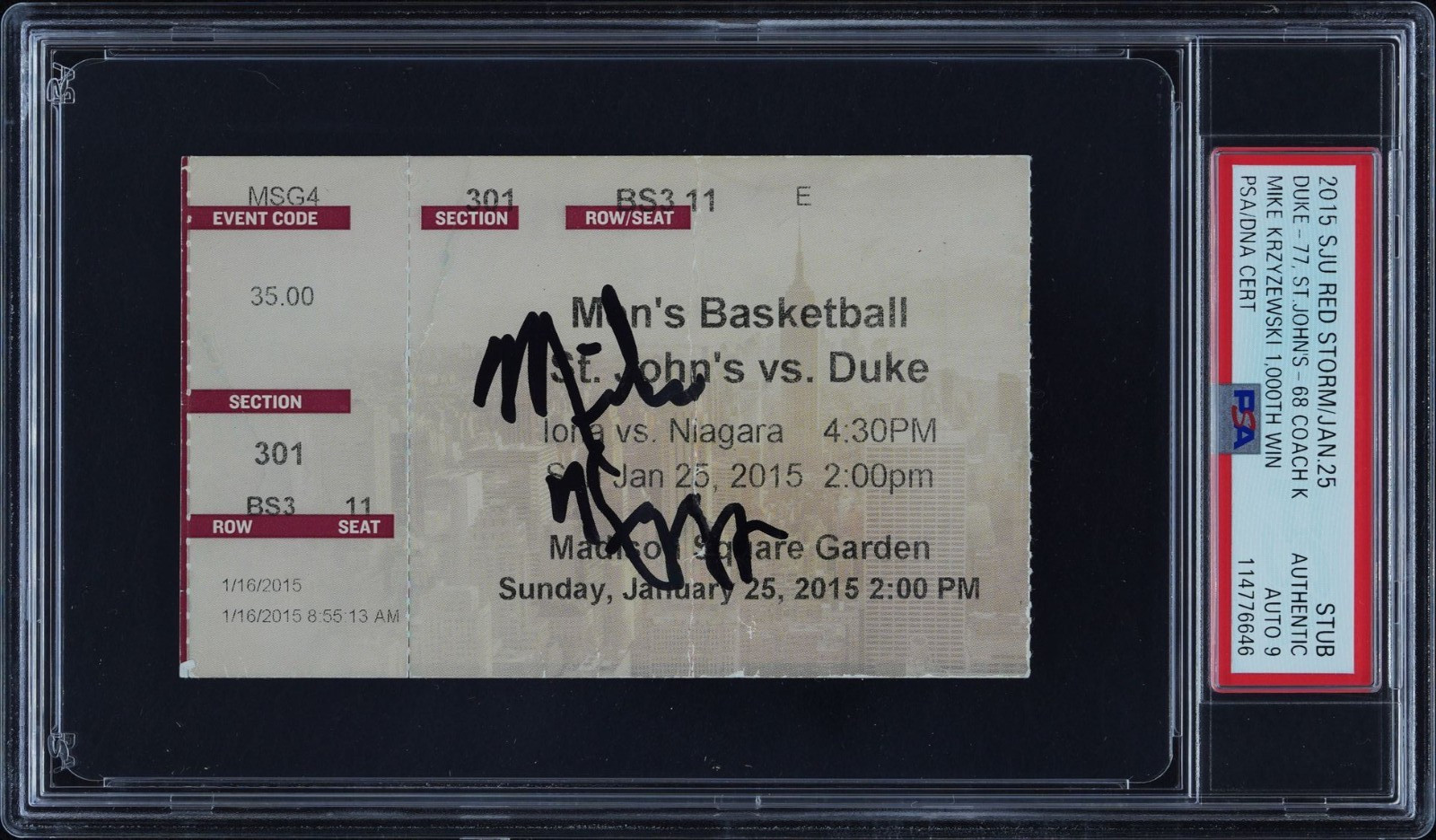 MIKE KRZYZEWSKI COACH K SIGNED 1000 WIN TICKET DUKE PSA AUTO MSG JAN 25,2015