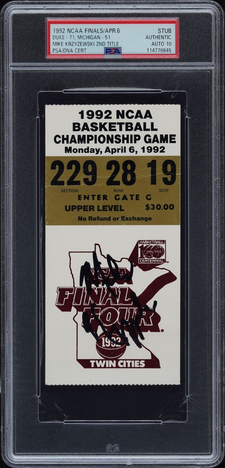 MIKE KRZYZEWSKI COACH K SIGNED 1992 FINAL FOUR WIN TICKET STUB DUKE PSA AUTO 10