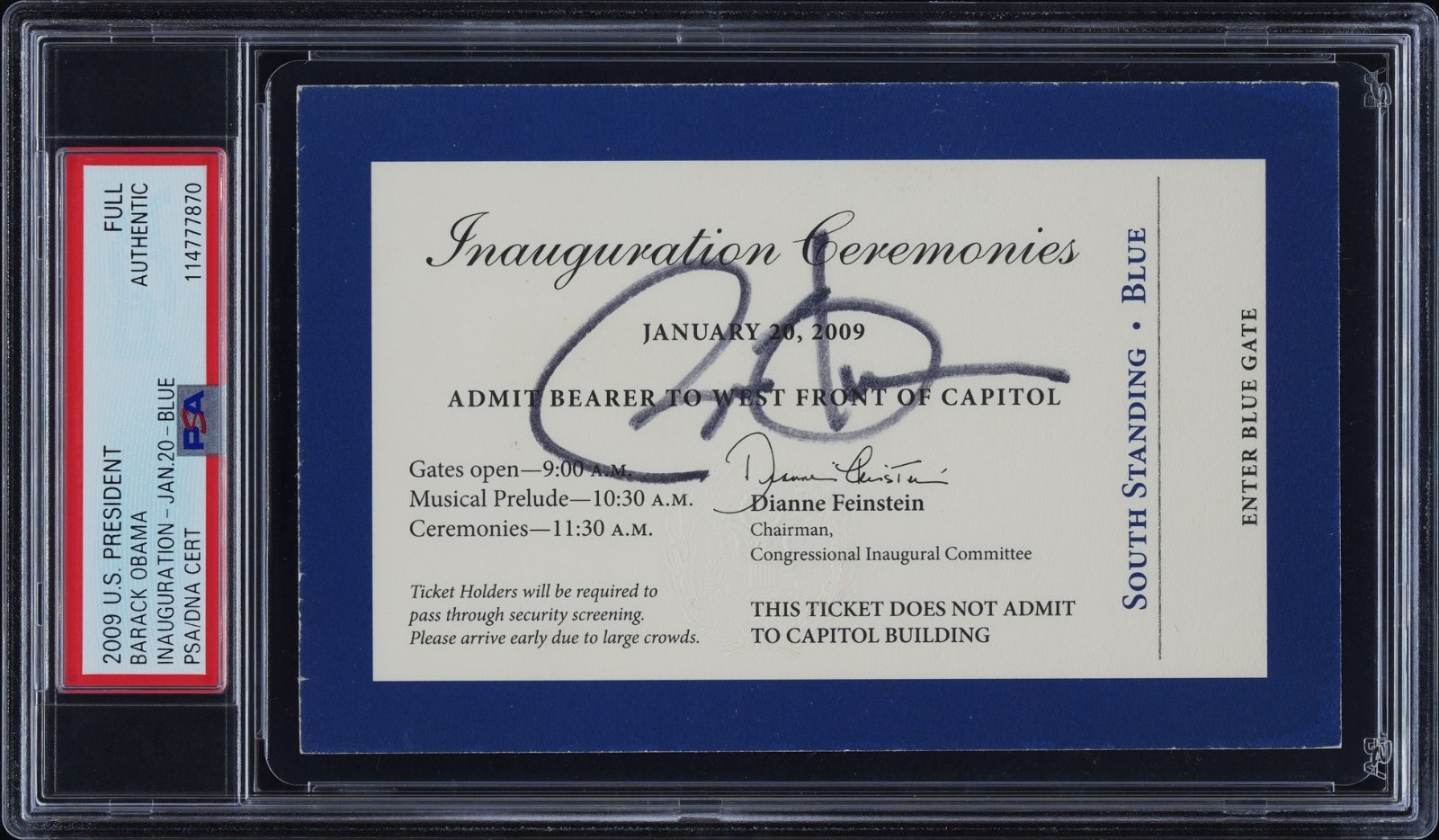 BARACK OBAMA SIGNED 2009 PRESIDENTIAL INAUGURATION CEREMONY TICKET AUTO PSA