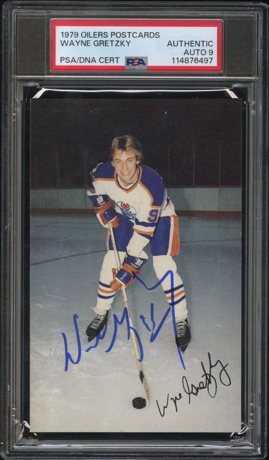 WAYNE GRETZKY SIGNED 1979 EDMONTON OILERS POSTCARD ROOKIE RC PSA AUTO 9