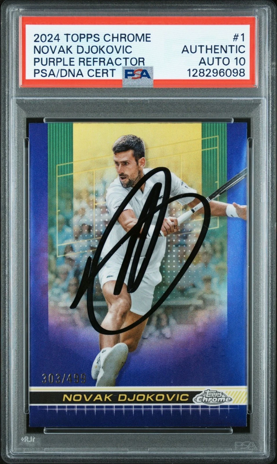 NOVAK DJOKOVIC SIGNED 2024 TOPPS CHROME PURPLE REFRACTOR /499 PSA AUTO 10