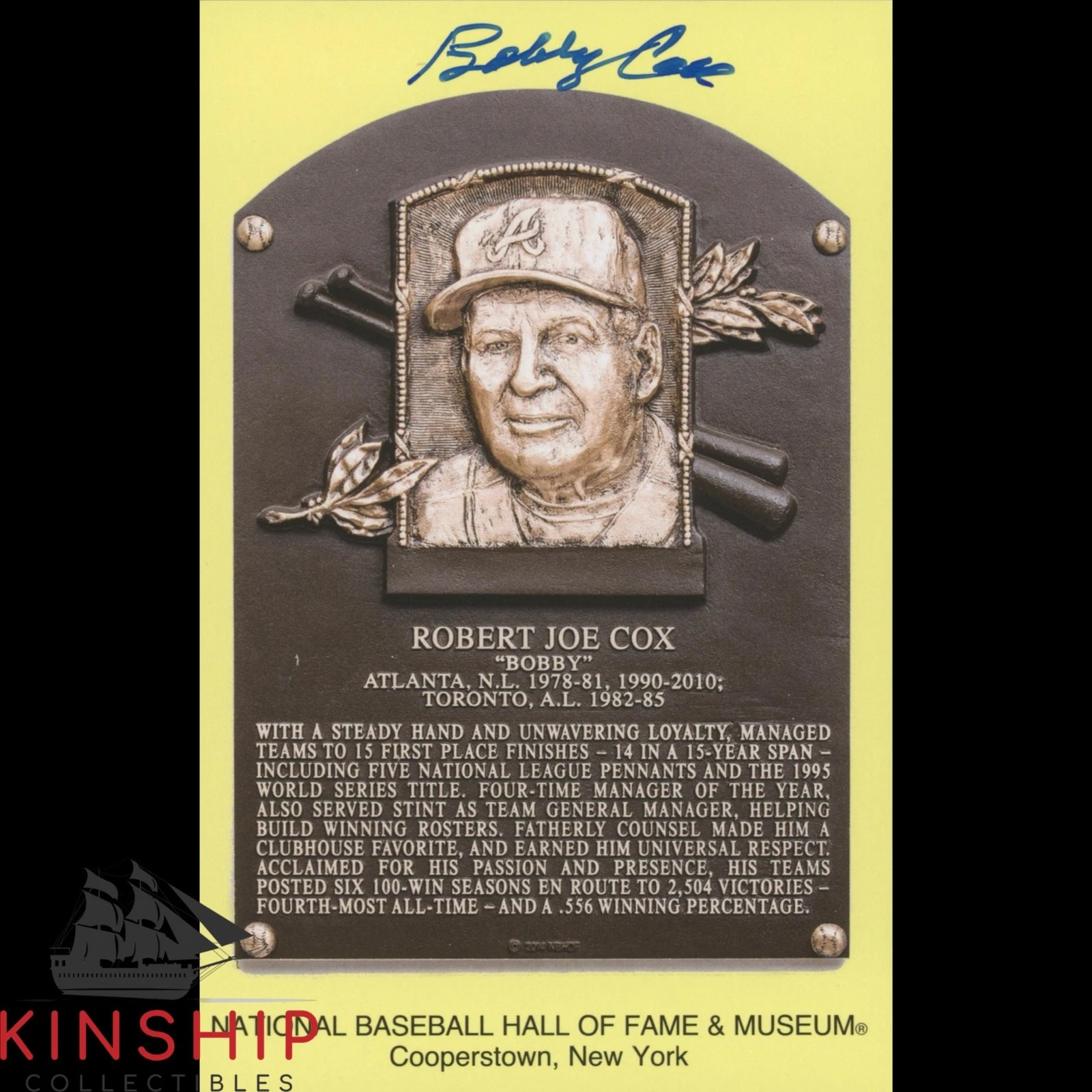 Bobby Cox signed HOF Plaque Postcard JSA COA Braves Hall of Fame Auto Z2396