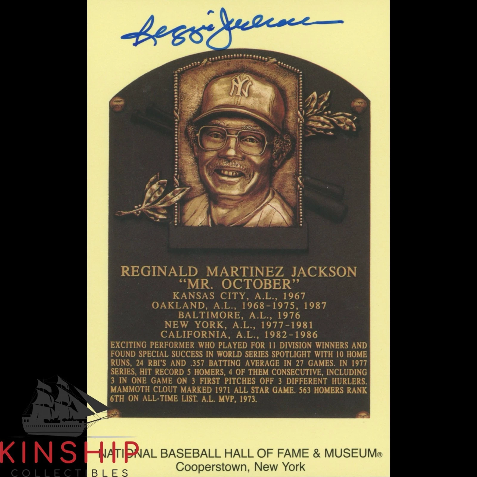 Reggie Jackson signed HOF Plaque Postcard JSA COA Hall of Fame Auto Z2397