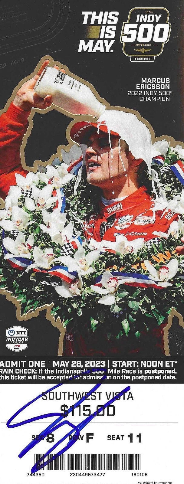 2023 JOSEF NEWGARDEN SIGNED 107TH INDIANAPOLIS 500 TICKET STUB INDY CAR COA