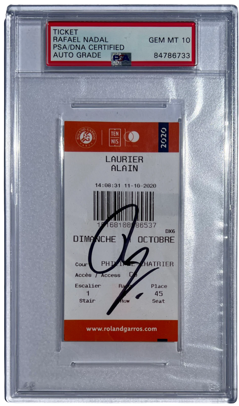 RAFAEL NADAL SIGNED 2020 FRENCH OPEN ROLAND GARROS TICKET FINALS RAFA PSA/DNA 10