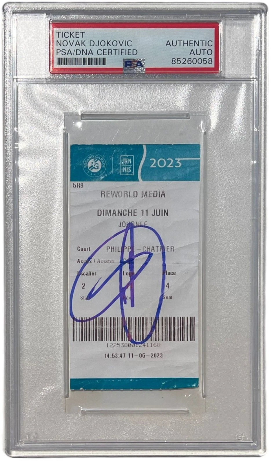 NOVAK DJOKOVIC SIGNED 2023 FRENCH OPEN FINALS TICKET STUB ROLAND GARROS PSA DNA